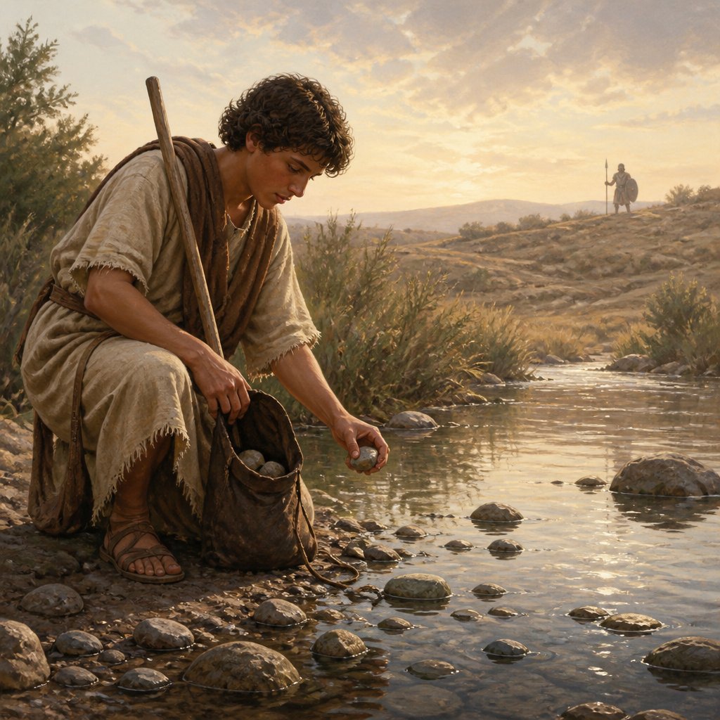 "And he took his staff in his hand, and chose him five smooth stones out of the brook, and put them in a shepherd’s bag which he had, even in a scrip; and his sling was in his hand: and he drew near to the Philistine." - 1 Samuel 17:40