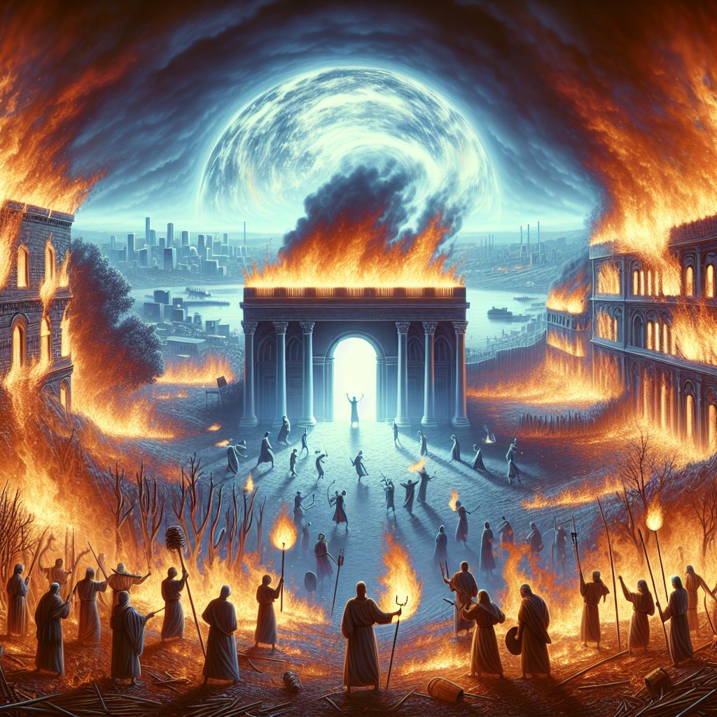 Zechariah 12:6 - "¶ In that day will I make the governors of Judah like an hearth of fire among the wood, and like a torch of fire in a sheaf; and they shall devour all the people round about, on the right hand and on the left: and Jerusalem shall be inhabited again in her own place, even in Jerusalem."
Depict a scene inspired by Zechariah 12:6 from the Bible. Illustrate the governors of Judah as a hearth of fire among the wood and a torch of fire in a sheaf, symbolically engulfing all the people around. Show the setting on the right and left sides being consumed, yet with Jerusalem staying resolute and inhabited in its place. Present this powerful vision in a manner reminiscent of digital art.
