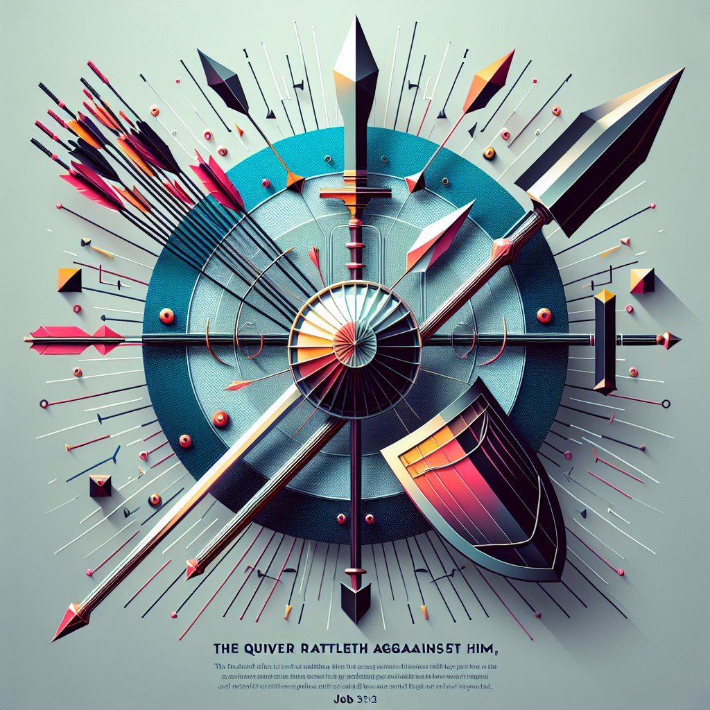 Job 39:23 - "The quiver rattleth against him, the glittering spear and the shield."
An image inspired by Job 39:23 from the Bible, which reads: 'The quiver rattleth against him, the glittering spear and the shield'. This visual representation should embody a sense of tension, opposition, and conflict inherent in the verse. The main items in the scene are a quiver with arrows that rattle, a shield, and a spear that seems to glitter in the light. All these elements should be designed and intertwined in a way that reflects the digital art style, with geometric shapes, sleek lines, vibrant colors, and the unmistakable polished aesthetic unique to digital creations.