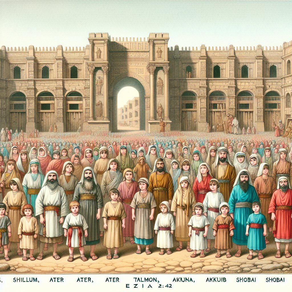 Ezra 2:42 - "¶ The children of the porters: the children of Shallum, the children of Ater, the children of Talmon, the children of Akkub, the children of Hatita, the children of Shobai, in all an hundred thirty and nine."
A detailed illustration of an ancient scene described in Ezra 2:42. Displayed are several groups of children, all belonging to different families: the children of Shallum, Ater, Talmon, Akkub, Hatita, and Shobai. Each group is uniquely distinguishable, with distinct features and clothing that suggest their heritage. In the background, the old architecture of the period is visible with grand stone walls and tall wooden gates, suggesting the presence of porters. In total, there are hundred and thirty-nine children. Created in a modern digital artwork style.