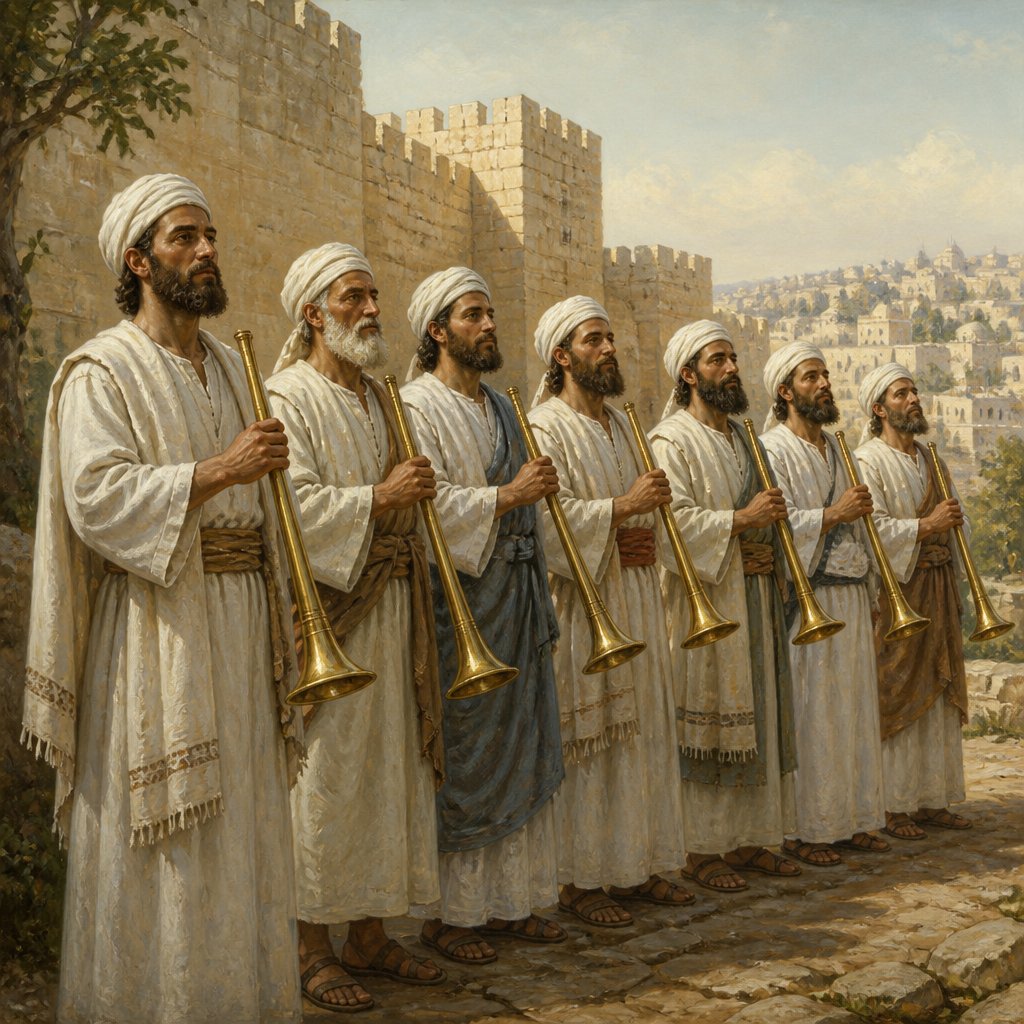 "And the priests; Eliakim, Maaseiah, Miniamin, Michaiah, Elioenai, Zechariah, and Hananiah, with trumpets;" - Nehemiah 12:{verse.verse_number}