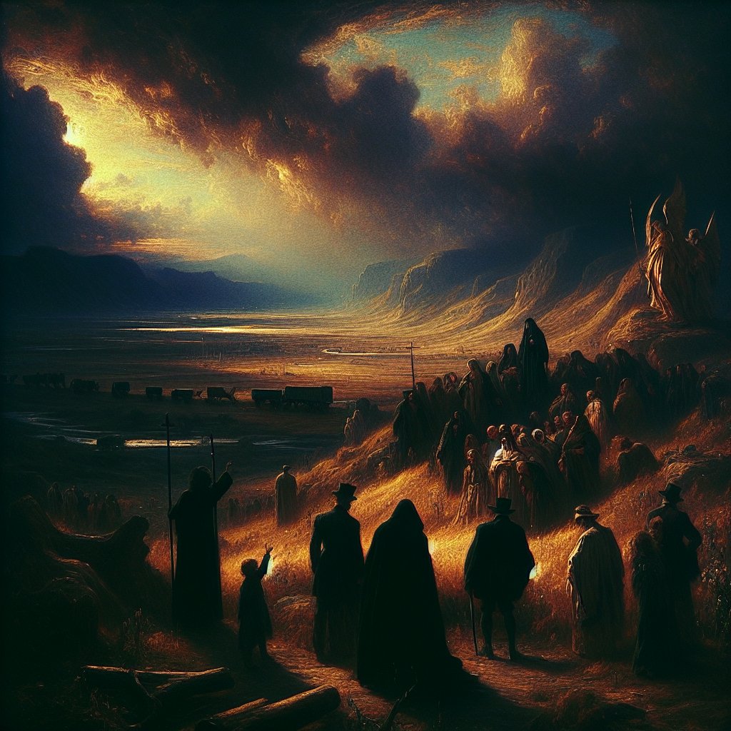 Jeremiah 8:3 - "And death shall be chosen rather than life by all the residue of them that remain of this evil family, which remain in all the places whither I have driven them, saith the LORD of hosts."
Visualize a poignant scene embodying the emotion of Jeremiah 8:3 - 'And death shall be chosen rather than life by all the residue of them that remain of this evil family, which remain in all the places whither I have driven them, saith the LORD of hosts.' The scene, in the style of late 19th century Romanticism, should incorporate a sense of melancholy, powerful symbolism, and the tension between life and death. The artwork consists predominantly of oil paintings which emphasizes deep colors and dramatic shadows. The scene can consist of a desolate landscape with people in the distance, perhaps representing the residue of the evil family, being driven into unknown territories, their faces reflecting their sorrowful choice between life and death. The essence of the passage reflects in their choice, surroundings, and their expressions.