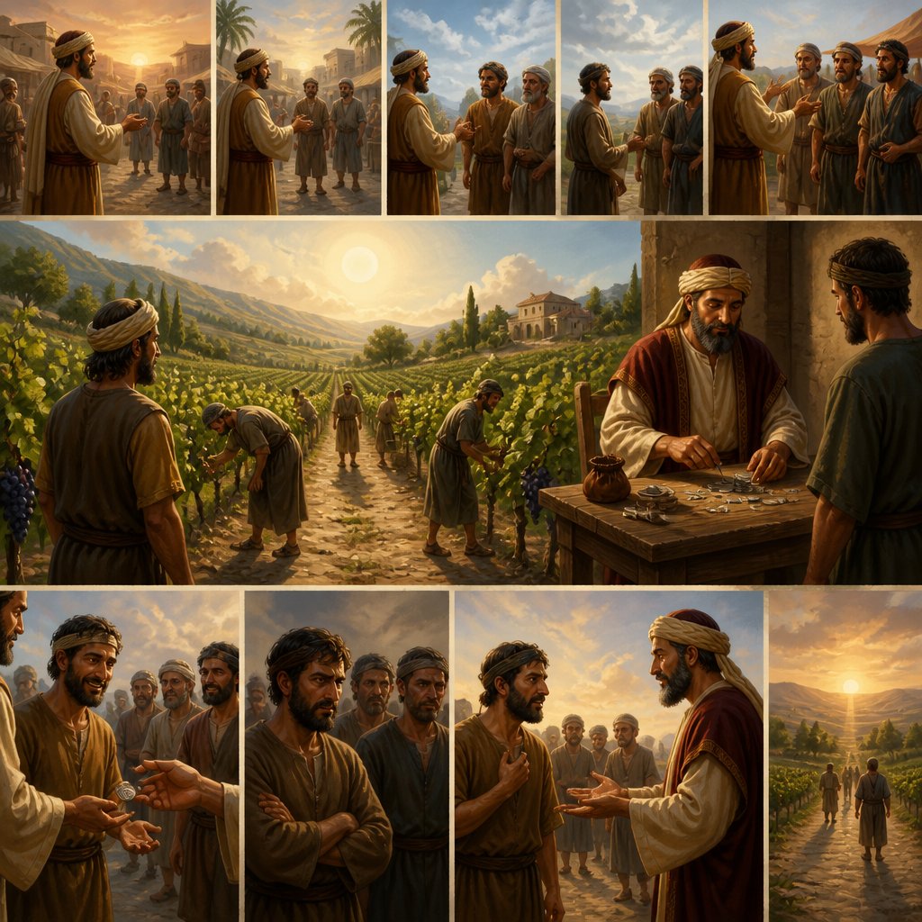Matthew 20:1-16 - "For the kingdom of heaven is like a landowner who went out early in the morning to hire workers for his vineyard. He agreed to pay them a denarius for the day and sent them into his vineyard.
About nine in the morning he went out and saw others standing in the marketplace doing nothing. He told them, 'You also go and work in my vineyard, and I will pay you whatever is right.' So they went.
He went out again about noon and about three in the afternoon and did the same thing. About five in the afternoon he went out and found still others standing around. He asked them, 'Why have you been standing here all day long doing nothing?'
'Because no one has hired us,' they answered.
He said to them, 'You also go and work in my vineyard.'
When evening came, the owner of the vineyard said to his foreman, 'Call the workers and pay them their wages, beginning with the last ones hired and going on to the first.'
The workers who were hired about five in the afternoon came and each received a denarius. So when those came who were hired first, they expected to receive more. But each one of them also received a denarius. When they received it, they began to grumble against the landowner. 'These who were hired last worked only one hour,' they said, 'and you have made them equal to us who have borne the burden of the work and the heat of the day.'
But he answered one of them, 'I am not being unfair to you, friend. Didn't you agree to work for a denarius? Take your pay and go. I want to give the one who was hired last the same as I gave you. Don't I have the right to do what I want with my own money? Or are you envious because I am generous?'
So the last will be first, and the first will be last."