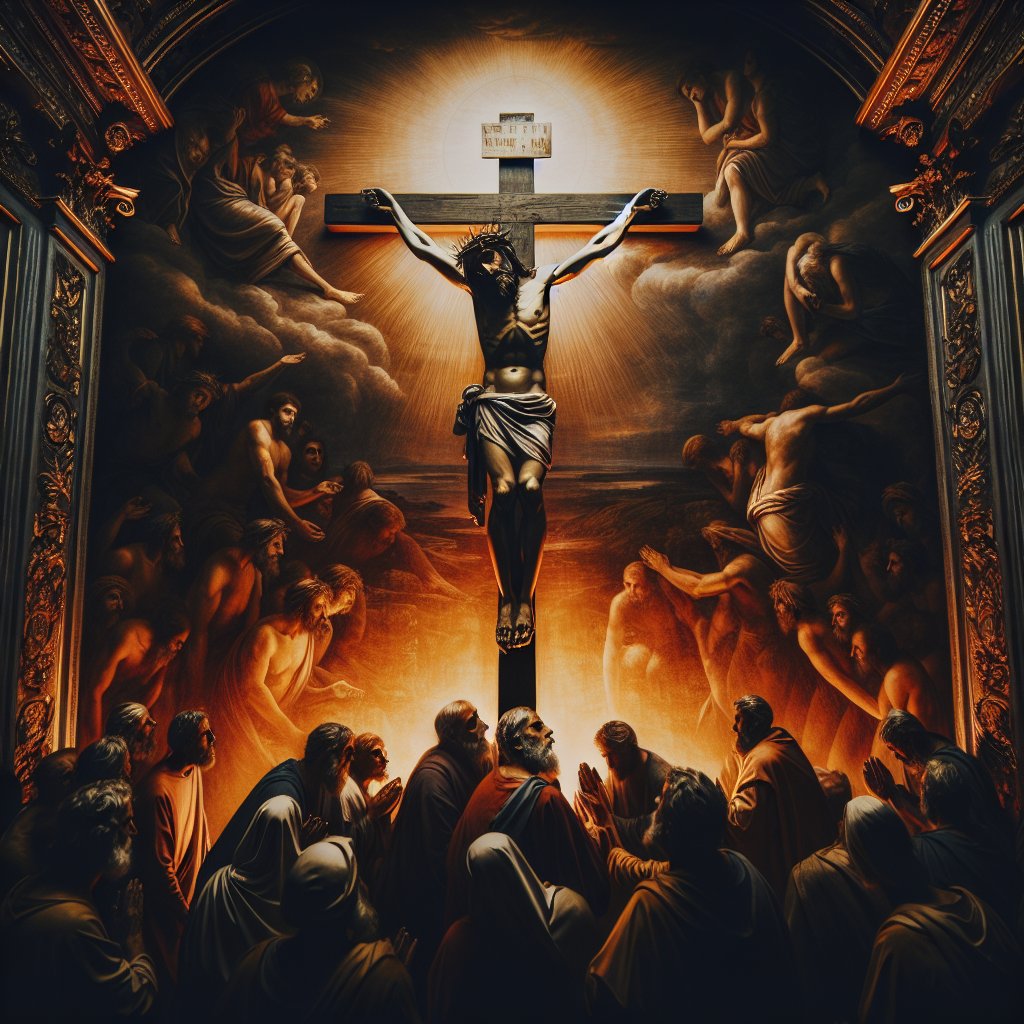 Jesus on the cross
Create a respectful depiction of a central figure from Christian faith on the cross. Capture the solemnity and reverence associated with biblical art and imagery without using any text or words. The image should be greatly detailed to bring out the depth of the scene.