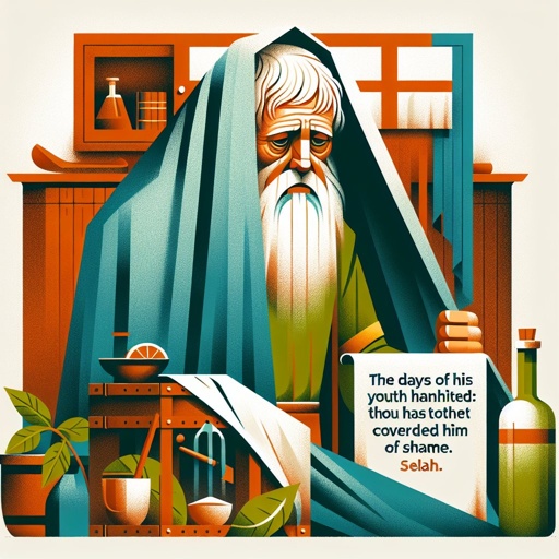 Psalms 89:45 - "The days of his youth hast thou shortened: thou hast covered him with shame. Selah."

Create a graphical representation of Psalms 89:45, "The days of his youth hast thou shortened: thou hast covered him with shame. Selah.". This scene should have a visual feel of an aging man, his youthful days appearing shortened, enveloped in a metaphorical visual depiction of shame. These elements should be put together in the style of digital art, using flat, bright colors often associated with this medium. The scene can also include context from the biblical era, such as clothing and surroundings representative of the time.