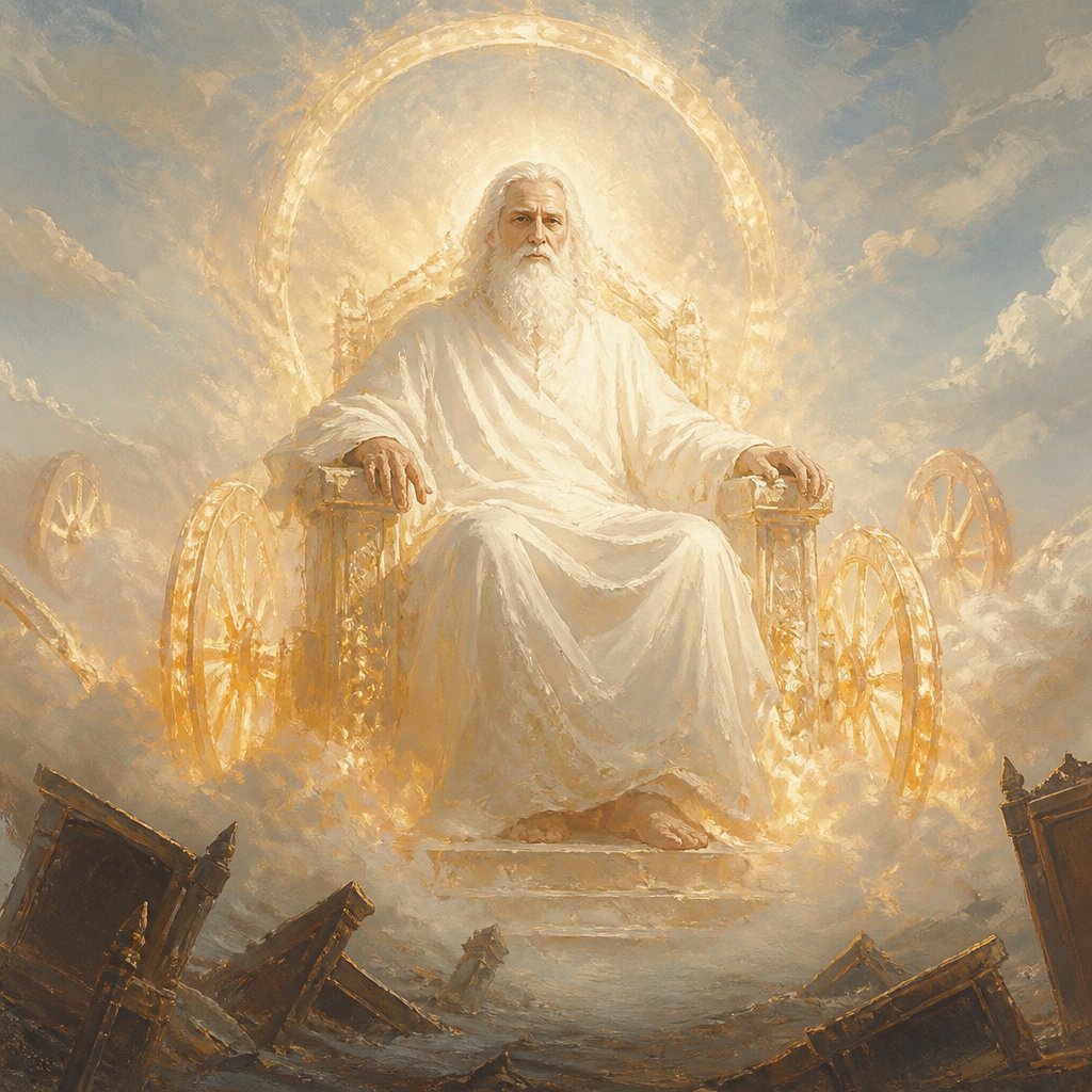 "I beheld till the thrones were cast down, and the Ancient of days did sit, whose garment was white as snow, and the hair of his head like the pure wool: his throne was like the fiery flame, and his wheels as burning fire." - Daniel 7:{verse.verse_number}