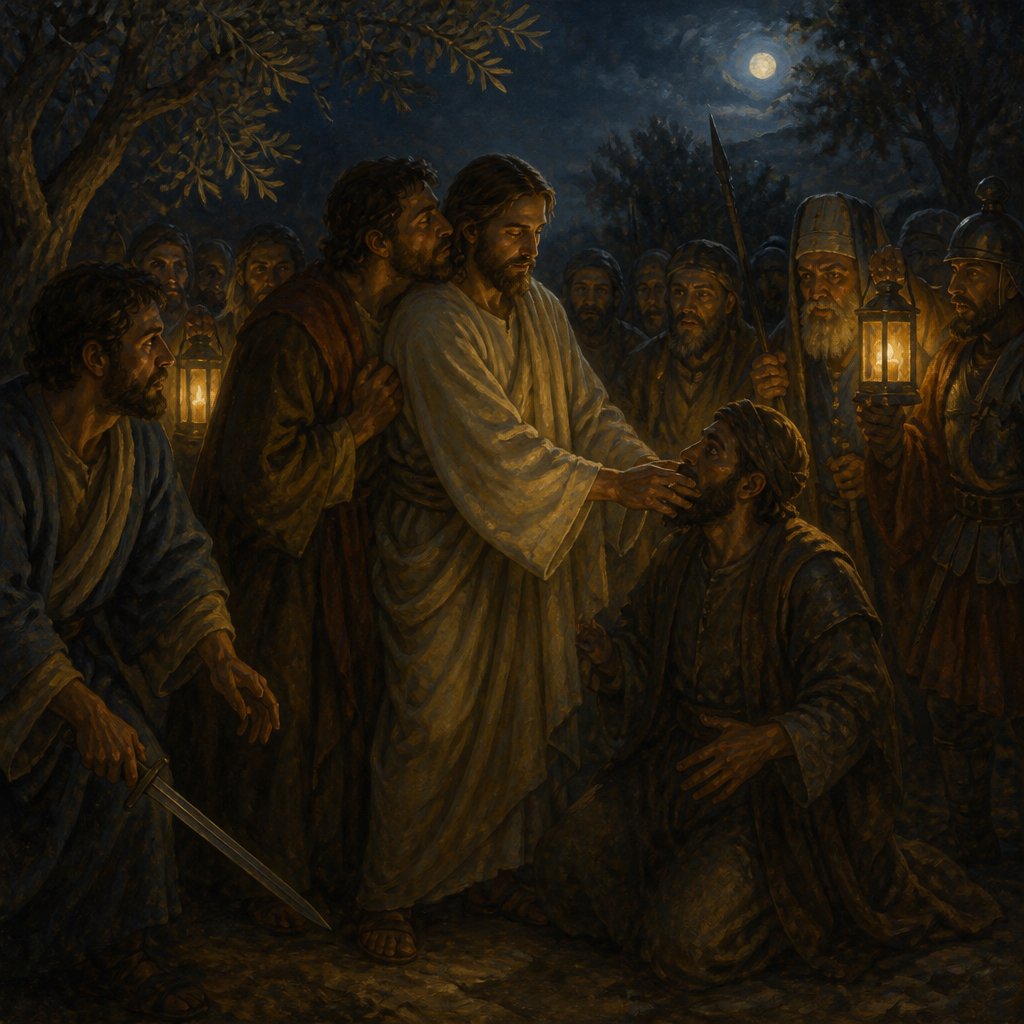 "And while he yet spake, behold a multitude, and he that was called Judas, one of the twelve, went before them, and drew near unto Jesus to kiss him. But Jesus said unto him, Judas, betrayest thou the Son of man with a kiss? When they which were about him saw what would follow, they said unto him, Lord, shall we smite with the sword? And one of them smote the servant of the high priest, and cut off his right ear. And Jesus answered and said, Suffer ye thus far. And he touched his ear, and healed him. Then Jesus said unto the chief priests, and captains of the temple, and the elders, which were come to him, Be ye come out, as against a thief, with swords and staves? When I was daily with you in the temple, ye stretched forth no hands against me: but this is your hour, and the power of darkness." - Luke 22:{verse.verse_number}