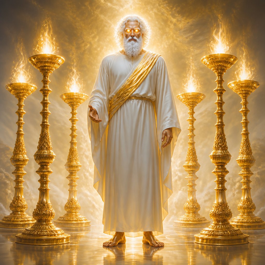 I saw seven golden lampstands and in the middle stood someone who looked like a man. He wore a long robe. There was a gold sash around his chest. His hair was white like wool, like snow. his eyes were fiery flames . his feet shone like polished bronze.