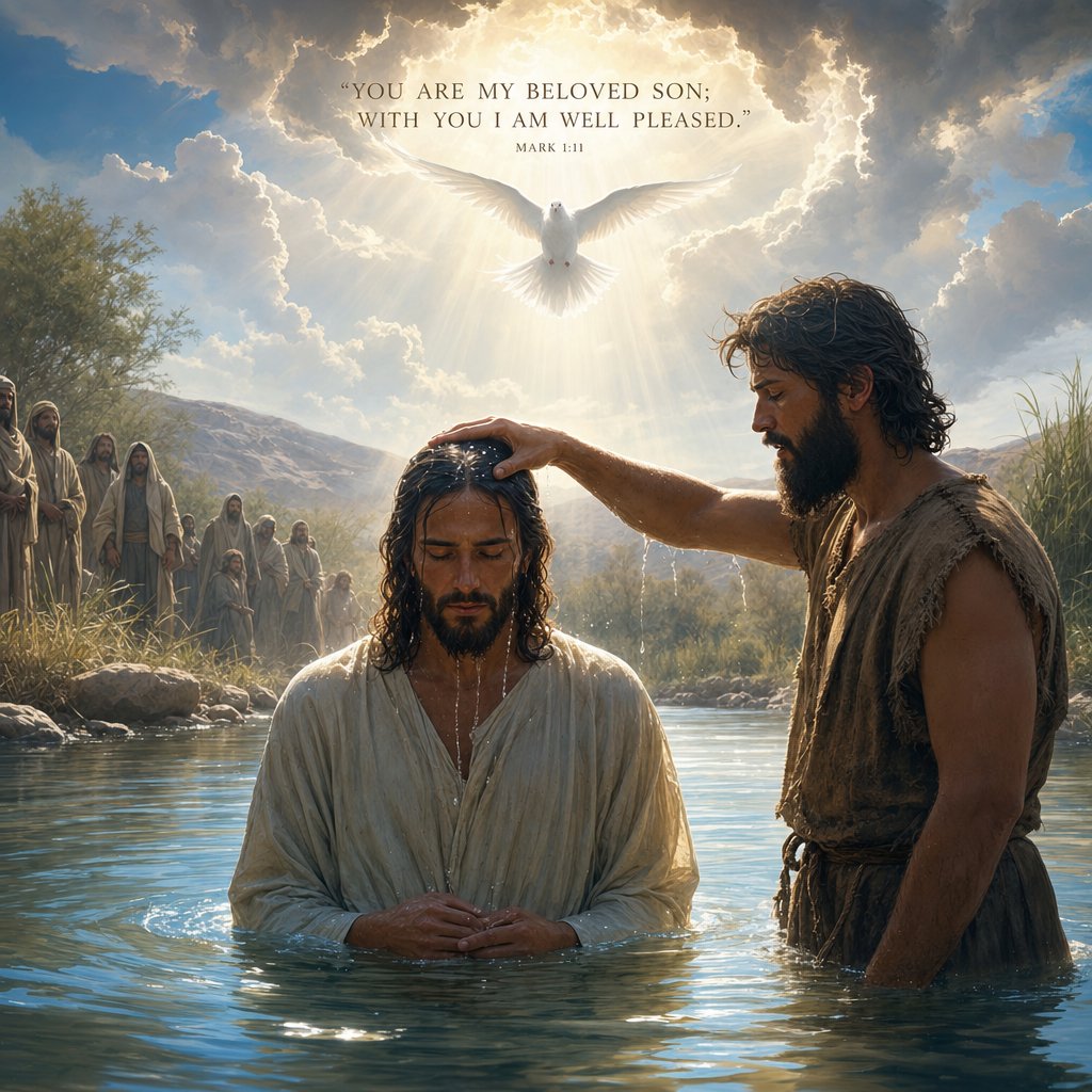 The Baptism of Jesus
9 In those days Jesus came from Nazareth of Galilee and was baptized by John in the Jordan. 10 And when he came up out of the water, immediately he saw the heavens being torn open and the Spirit descending on him like a dove. 11 And a voice came from heaven, “You are my beloved Son; with you I am well pleased.” Mark 1:9-11