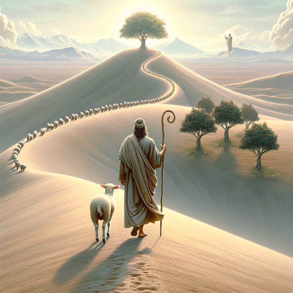 Envision an artwork of Enoch walking alone uphill beside the lamb of God. The Tree of Life is in the exact center of the artwork at the very top of the hill. The hill has twenty fruit trees growing on both sides. Enoch is carrying a straight staff. They are walking away from us uphill so that we only see their backs. Their eyes are focused on the Tree of Life as they walk up the hill. There is only one man. There is only one lamb. There are no sheep. There are no angels. Enoch does not have a halo. There are no man-made structures. There are no figures other than Enoch and the lamb. There are no other animals.
Imagine a religiously-inspired digital artwork. It features Enoch, depicted as a Middle-Eastern man, walking alone uphill. He's accompanied by a lone lamb, symbolizing the Lamb of God. The duo is followed from behind so only their backs are visible, their gaze locked on their destination ahead. They are heading towards the Tree of Life that stands majestically at the hilltop, claiming the exact center of the artwork. The hill they tread is lined with exactly twenty fruit trees on either side. Enoch holds a straight staff in his hand. There are no extraneous elements: no other people, no sheep, angels, halos, man-made structures or other animals. The overall tone of the artwork should evoke a sense of respect and devotion in line with Christian beliefs.