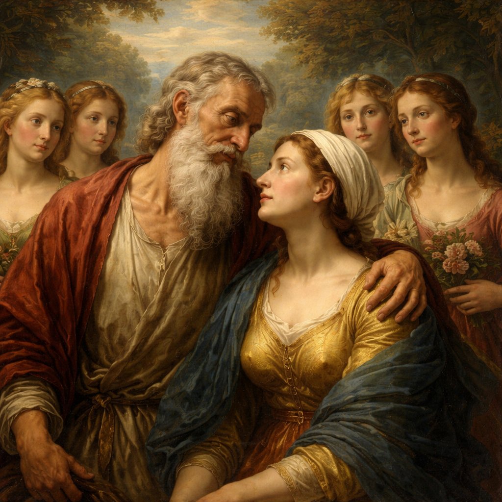 Job putting his arm around his wife and smiling at her. Several other beautiful women are behind them.