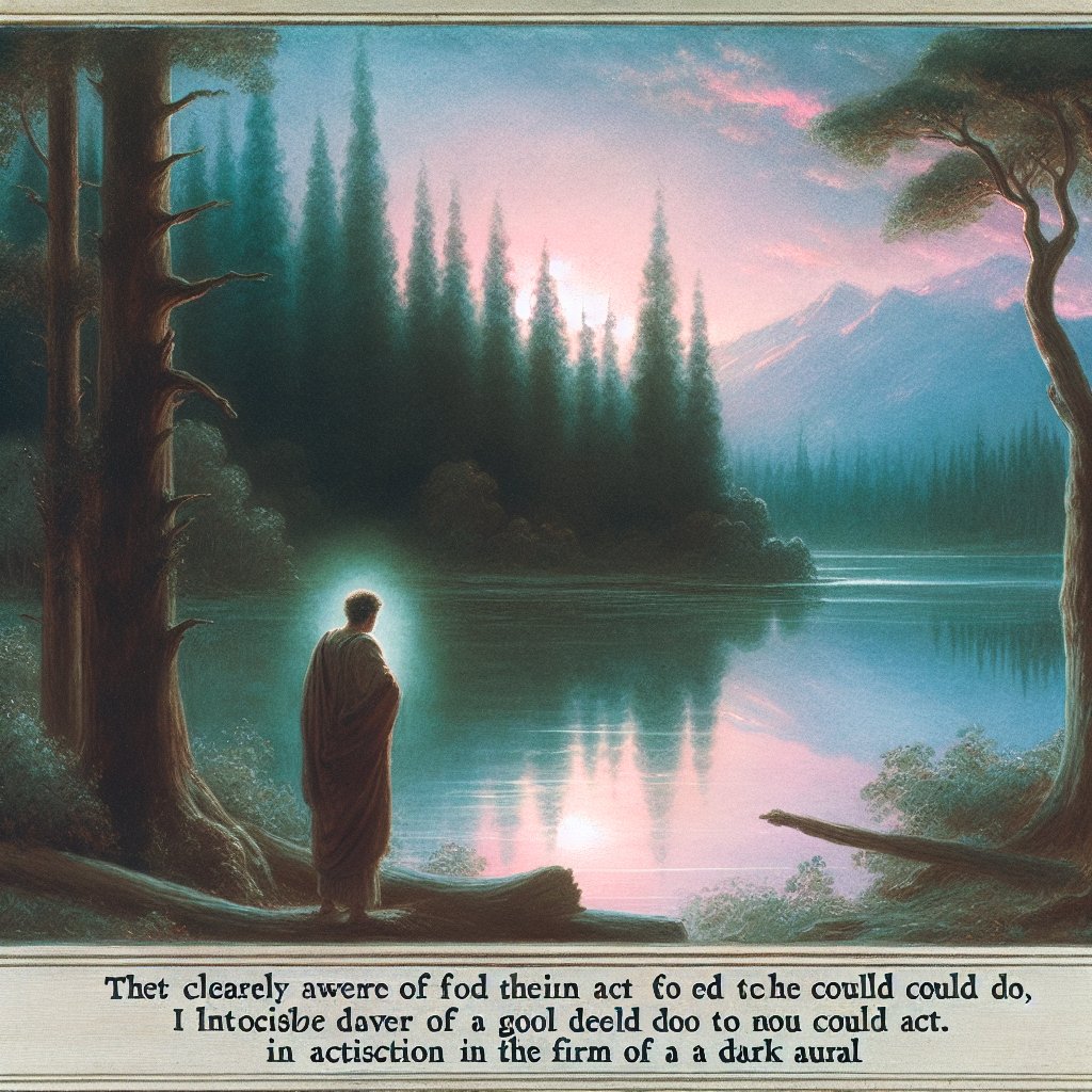 James 4:17 “If anyone, then, knows the good they ought to do and doesn’t do it, it is sin for them.”
Visual interpretation of a philosophical concept derived from James 4:17. The scene depicts an individual clearly aware of a good deed they could do, but choosing not to act. Their inaction causes visible distress in the form of a dark aura. The entire scene happens in a natural environment possibly at twilight with a placid lake and towering trees. The colors are soft and blended, evoking the style of a pre-1912, watercolor painting.