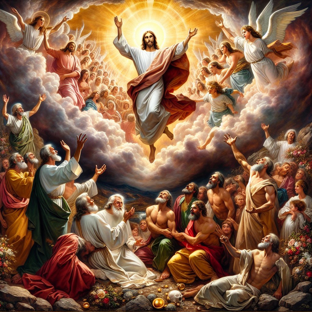Acts 13:33 - "God hath fulfilled the same unto us their children, in that he hath raised up Jesus again; as it is also written in the second psalm, Thou art my Son, this day have I begotten thee."
Depict a heavenly scene of divine fulfillment as described in Acts 13:33: 'God hath fulfilled the same unto us their children, in that he hath raised up Jesus again; as it is also written in the second psalm, Thou art my Son, this day have I begotten thee.' The scene should hearken to biblical depictions rich in symbolism, with an emphasis on the bond between God and Jesus. Make the composition one of intense emotion in the style of digital art, with detailed, vivid colors and a high level of detail.