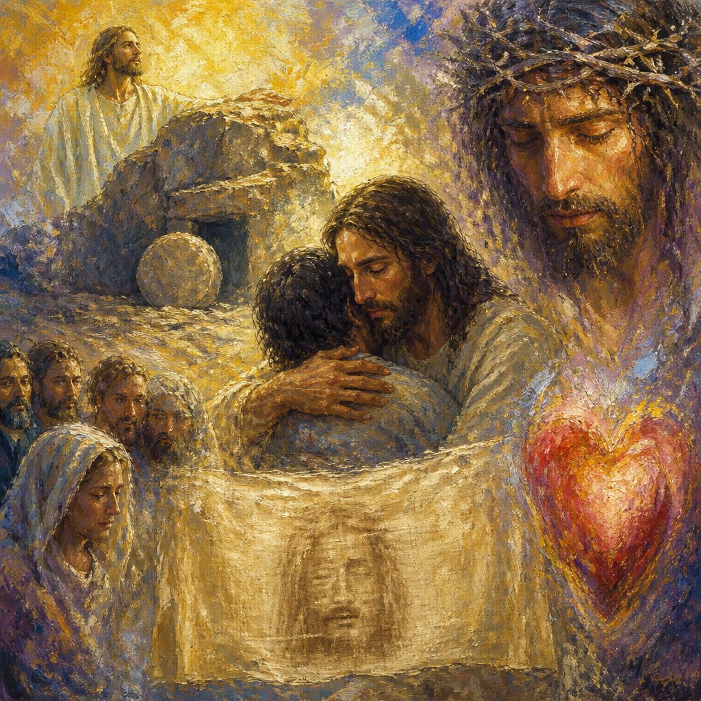 impressionist style, Jesus, the rock, the love. using the shroud combined with other portraits