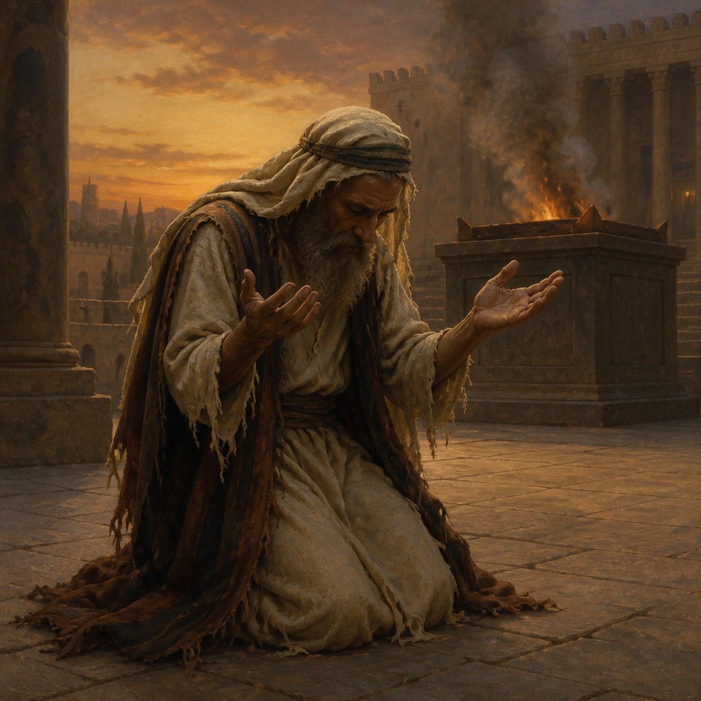 "¶ And at the evening sacrifice I arose up from my heaviness; and having rent my garment and my mantle, I fell upon my knees, and spread out my hands unto the LORD my God," - Ezra 9:{verse.verse_number}