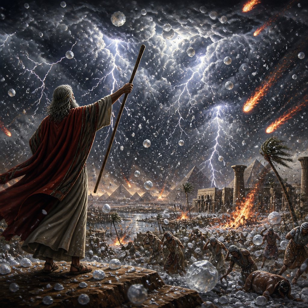 2 Then the Lord said to Moses, “Stretch out your hand toward heaven, that there may be hail in all the land of Egypt—on man, on beast, and on every herb of the field, throughout the land of Egypt.” 23 And Moses stretched out his rod toward heaven; and the Lord sent thunder and hail, and fire darted to the ground. And the Lord rained hail on the land of Egypt. 24 So there was hail, and fire mingled with the hail, so very heavy that there was none like it in all the land of Egypt since it became a nation. 25