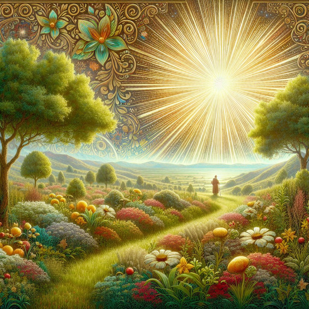 Deuteronomy 6:18 - "And thou shalt do that which is right and good in the sight of the LORD: that it may be well with thee, and that thou mayest go in and possess the good land which the LORD sware unto thy fathers,"
Create a digital art interpretation of the verse Deuteronomy 6:18 - 'And thou shalt do that which is right and good in the sight of the LORD: that it may be well with thee, and that thou mayest go in and possess the good land which the LORD sware unto thy fathers.' Picture a radiant light representing 'good' and a lush 'land' filled with flora and fauna symbolizing 'the good land'. Also include a figure walking toward this land signifying the act of 'possessing'. The overall aesthetics should be inspirational and give a sense of tranquility.
