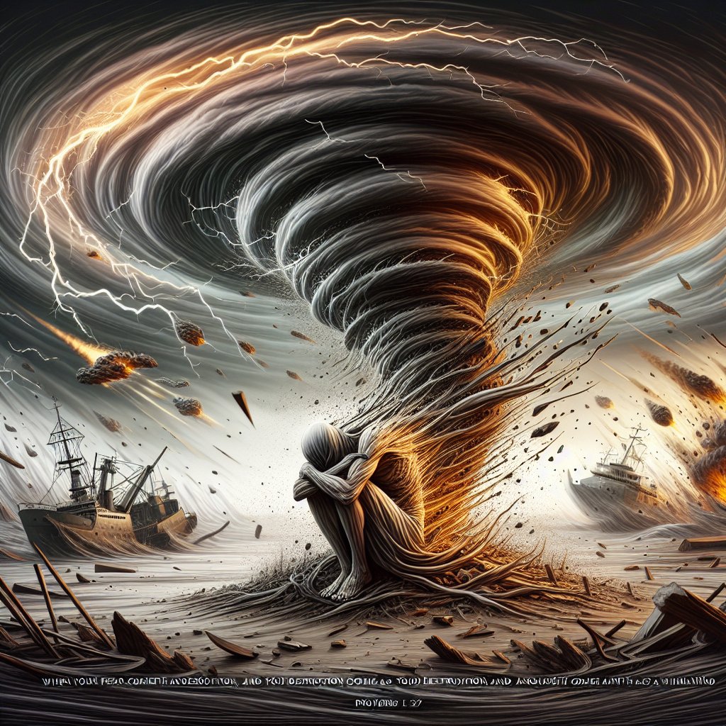 Proverbs 1:27 - "When your fear cometh as desolation, and your destruction cometh as a whirlwind; when distress and anguish cometh upon you."