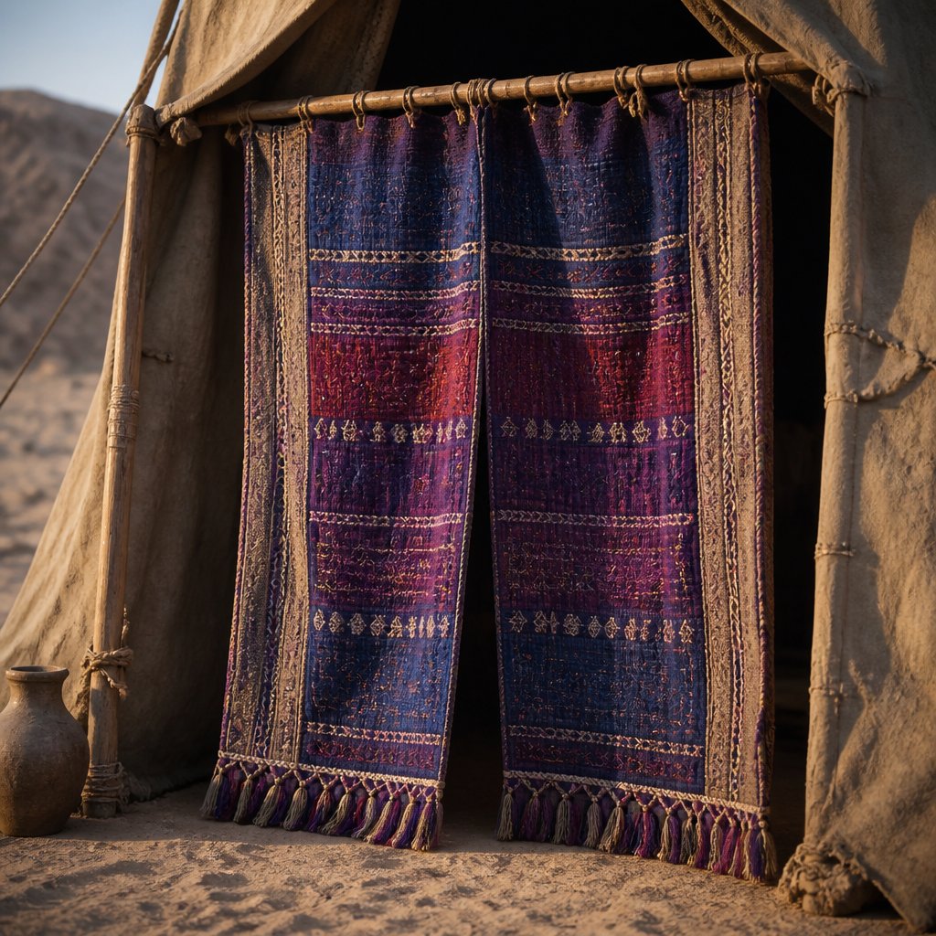 "And thou shalt make an hanging for the door of the tent, of blue, and purple, and scarlet, and fine twined linen, wrought with needlework." - Exodus 26:36