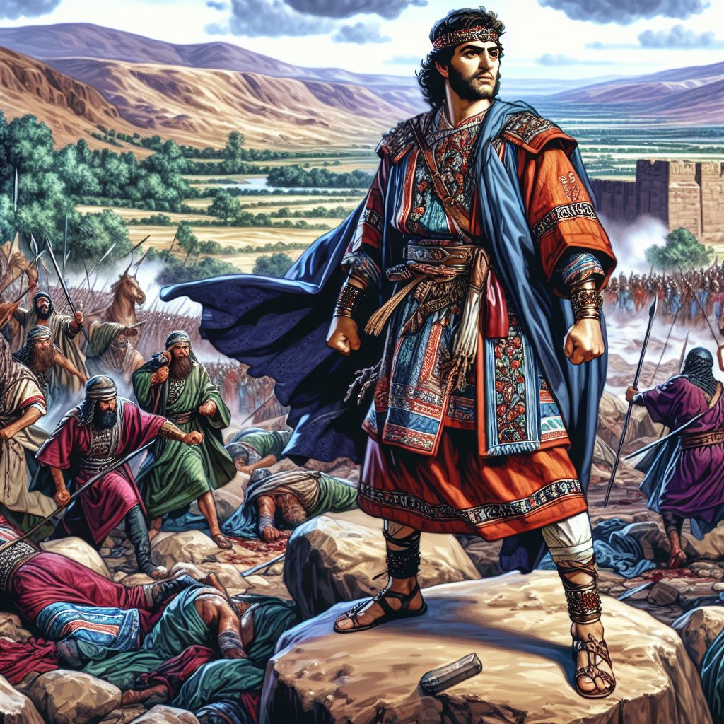 1 Chronicles 20:7 - "But when he defied Israel, Jonathan the son of Shimea David's brother slew him."
Depict a historic scene based on the verse 1 Chronicles 20:7. Show Jonathan, the son of Shimea and nephew of David, standing defiantly after striking down an enemy who challenged Israel. He should be dressed in traditional clothing of the era, signifying his high status. In the background, the scenery should be chaotic, representing the battlefield. This should be presented in the modern medium of digital art, emphasising bold colours and details.