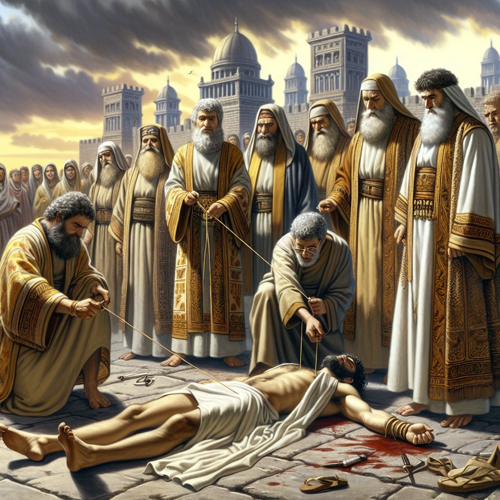Deuteronomy 21:2 - "Then thy elders and thy judges shall come forth, and they shall measure unto the cities which are round about him that is slain:"
Illustrate the interpretation of a biblical scene from Deuteronomy 21:2 - 'Then thy elders and thy judges shall come forth, and they shall measure unto the cities which are round about him that is slain:' in classic digital artwork style. The scene consists of a group of elders and judges, dressed in ancient robes, carrying out a task of measurement, perhaps with a string or a rudimentary tool. Their faces reveal seriousness and determination. In the background, include cities from the ancient times that surround the central figure - a person who has been slain and now lies on the ground. Remember this is not intended to glorify violence, but to represent a historical religious narrative.