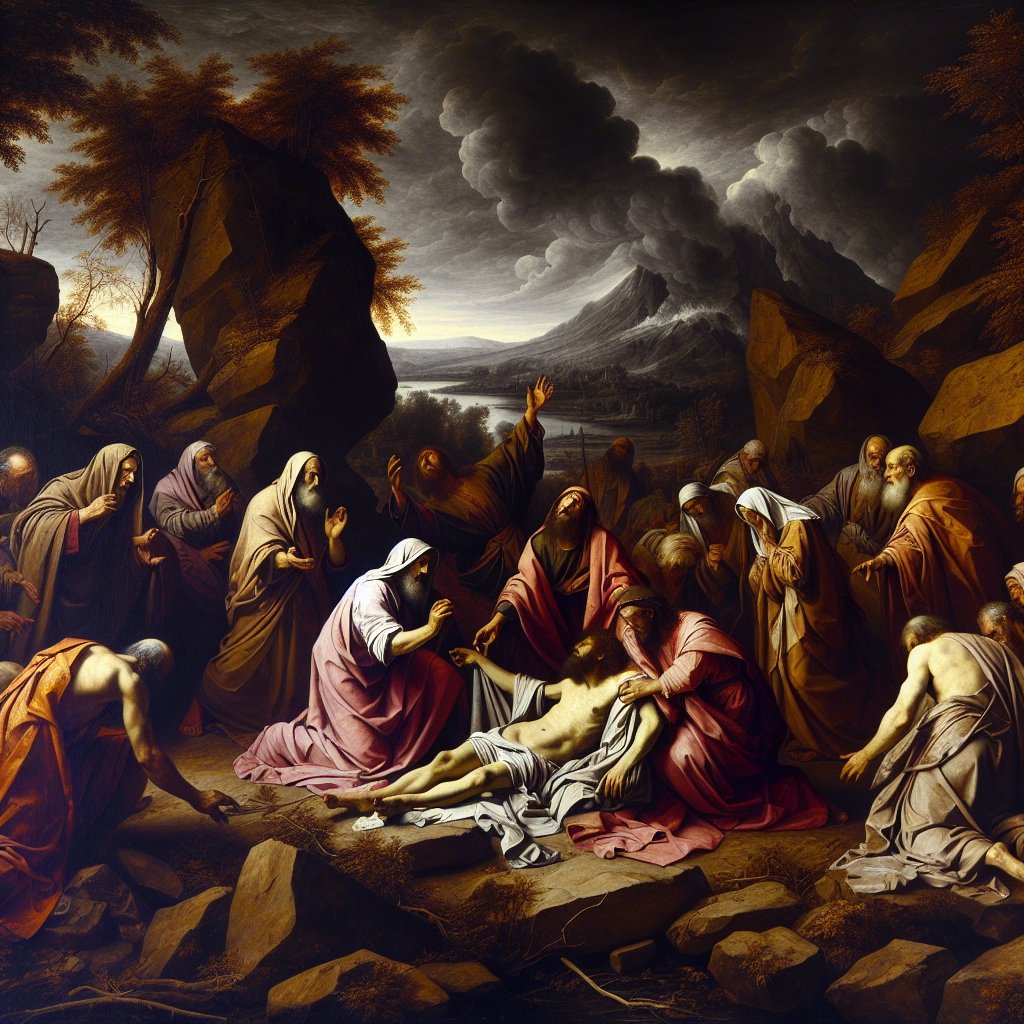 Jeremiah 48:31 Therefore I will wail for Moab, And I will cry out for all Moab; I will mourn for the men of Kir Heres.
A renaissance-style painting dramatically depicting a scene from the Bible, Jeremiah 48:31. The scene evokes deep emotion as it represents mourning for Moab and the men of Kir Heres. The environment and clothing of the figures should reflect the historical context of the scripture. Importantly, this artwork is to be executed with a high level of respect and devotion to Christianity, focusing on spiritual themes, while refraining from including any text or words within the image.