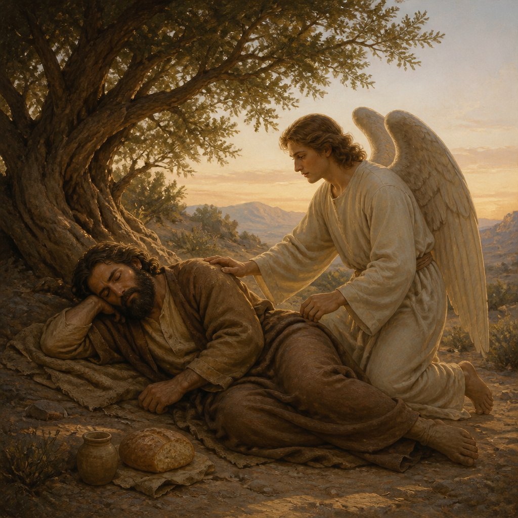 "And as he lay and slept under a juniper tree, behold, then an angel touched him, and said unto him, Arise and eat." - 1 Kings 19:{verse.verse_number}