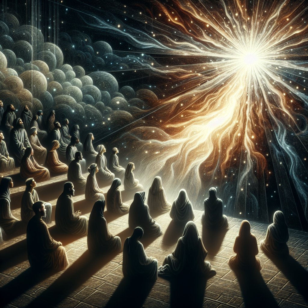 Matthew 4:16 - "The people which sat in darkness saw great light; and to them which sat in the region and shadow of death light is sprung up."
A spiritual scene depicted as digital art, while being respectful and devotional to Christianity. The image represents Matthew 4:16 - People, reading as diverse as Caucasian, African, Middle Eastern and Asian, are sitting in darkness. Suddenly, a great, blazing light appears, illuminating their features and scattering the shadows. This light seemingly sprouts in the region cloaked in the shadow of death, acting as a beacon of hope against the overwhelming darkness.