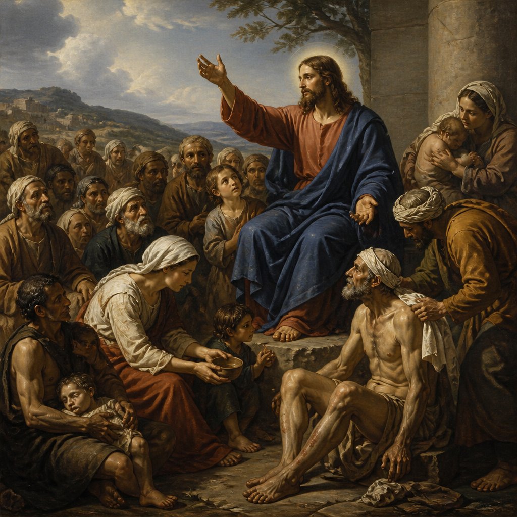 Jesus preaching to the masses about what they do for the least of them they do for Jesus Matthew 25:40