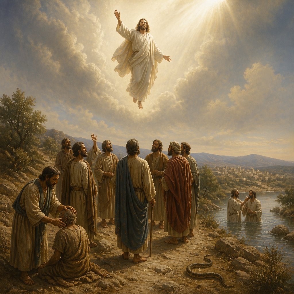 "And he said unto them, Go ye into all the world, and preach the gospel to every creature. He that believeth and is baptized shall be saved; but he that believeth not shall be damned. And these signs shall follow them that believe; In my name shall they cast out devils; they shall speak with new tongues; They shall take up serpents; and if they drink any deadly thing, it shall not hurt them; they shall lay hands on the sick, and they shall recover.
So then after the Lord had spoken unto them, he was received up into heaven, and sat on the right hand of God. And they went forth, and preached every where, the Lord working with them, and confirming the word with signs following. Amen." - Mark 16:15-20