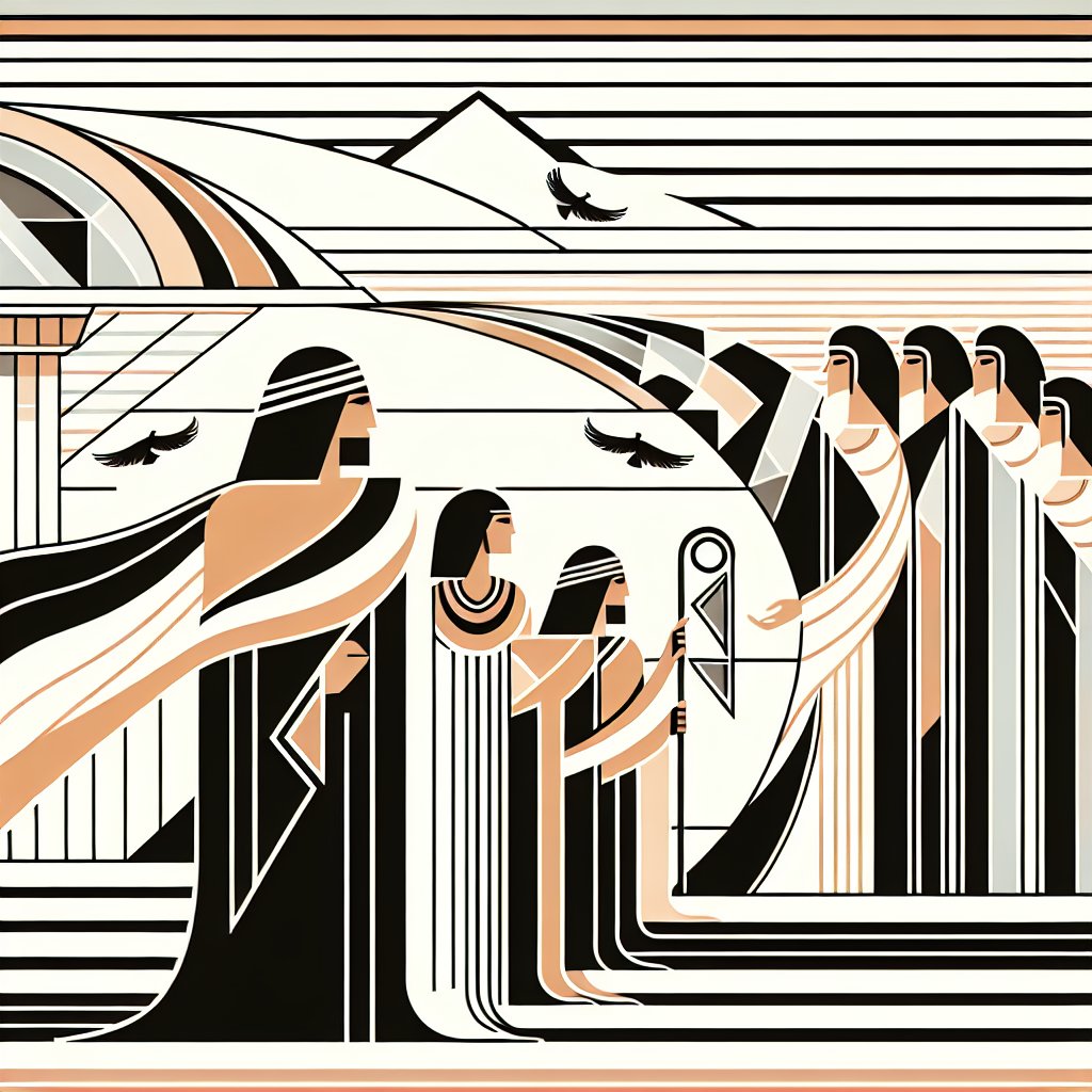 Genesis 12:14
And it came to pass, that, when Abram was come into Egypt, the Egyptians beheld the woman that she was very fair.
Illustrate a depiction of a scene from the Bible, specifically Genesis 12:14. Render a moment when Abram enters Egypt and the Egyptians take notice of a beautiful woman. The design should reflect the Art Deco style, using sweeping clear curves, geometric shapes, and minimalist color palette. The depiction should honor the Christian faith, signifying respect and devotion, with no text or words included in the design.