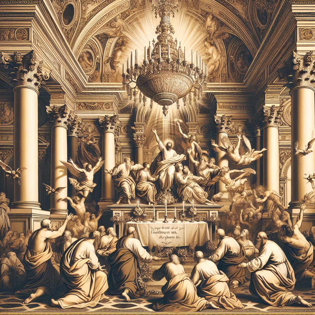 Romans 12:9 KJV
(9) Let love be without dissimulation. Abhor that which is evil; cleave to that which is good.
Create a respectful and devotional Christian artwork in the Baroque style. The scene should depict the essence of Romans 12:9 from the King James Version - embodifying the concepts of true love, abhorrence of evil, and attachment to goodness without the use of any text or written words.