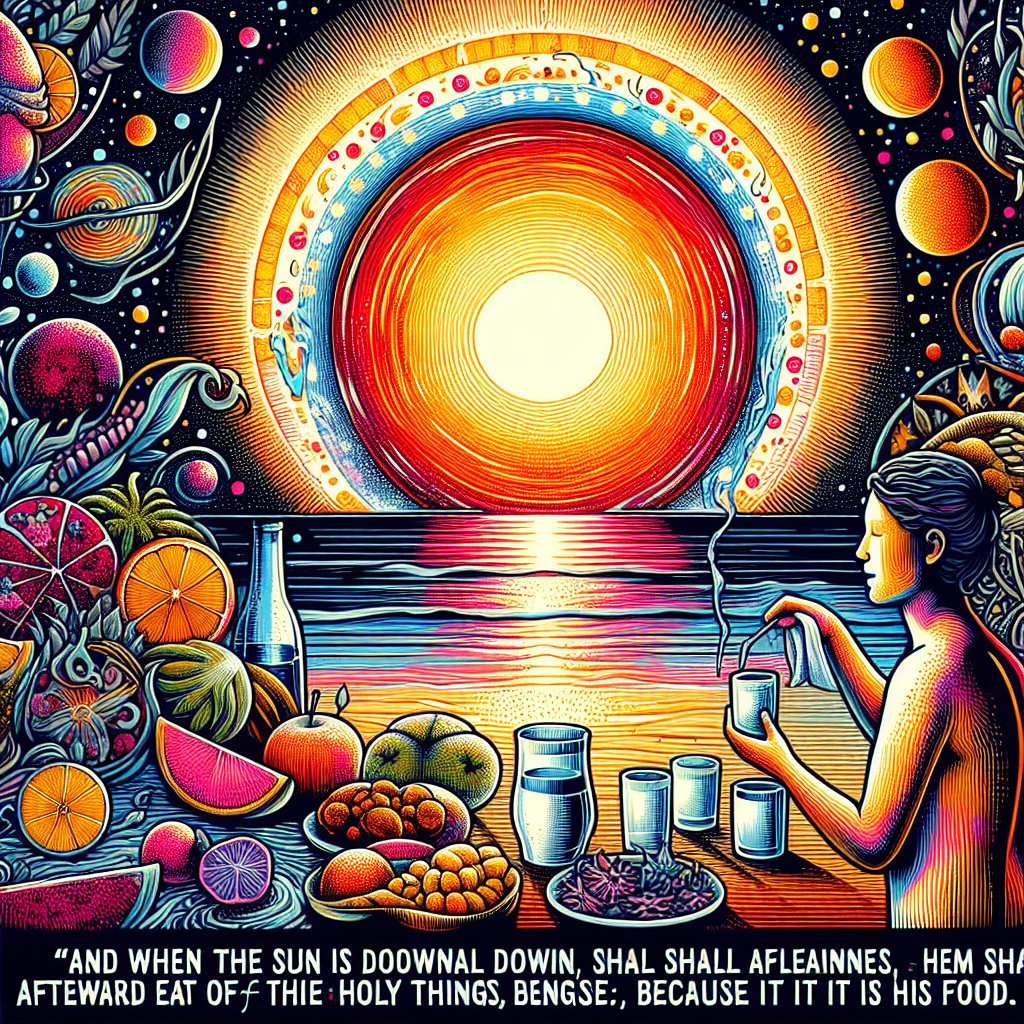 Leviticus 22:7 - "And when the sun is down, he shall be clean, and shall afterward eat of the holy things; because it is his food."
Illustration of Leviticus 22:7 verse from the Bible, 'And when the sun is down, he shall be clean, and shall afterward eat of the holy things; because it is his food.' The image should depict the setting sun, a figure that symbolizes cleanliness, and the person partaking of what is represented as 'holy things'. The visual representation of the latter could be something ethereal or divine. The style should be not be reminiscent of any specific modern artists, but should capture the overall feel of digital art which often includes vibrant colors, bold lines, and complex detail.