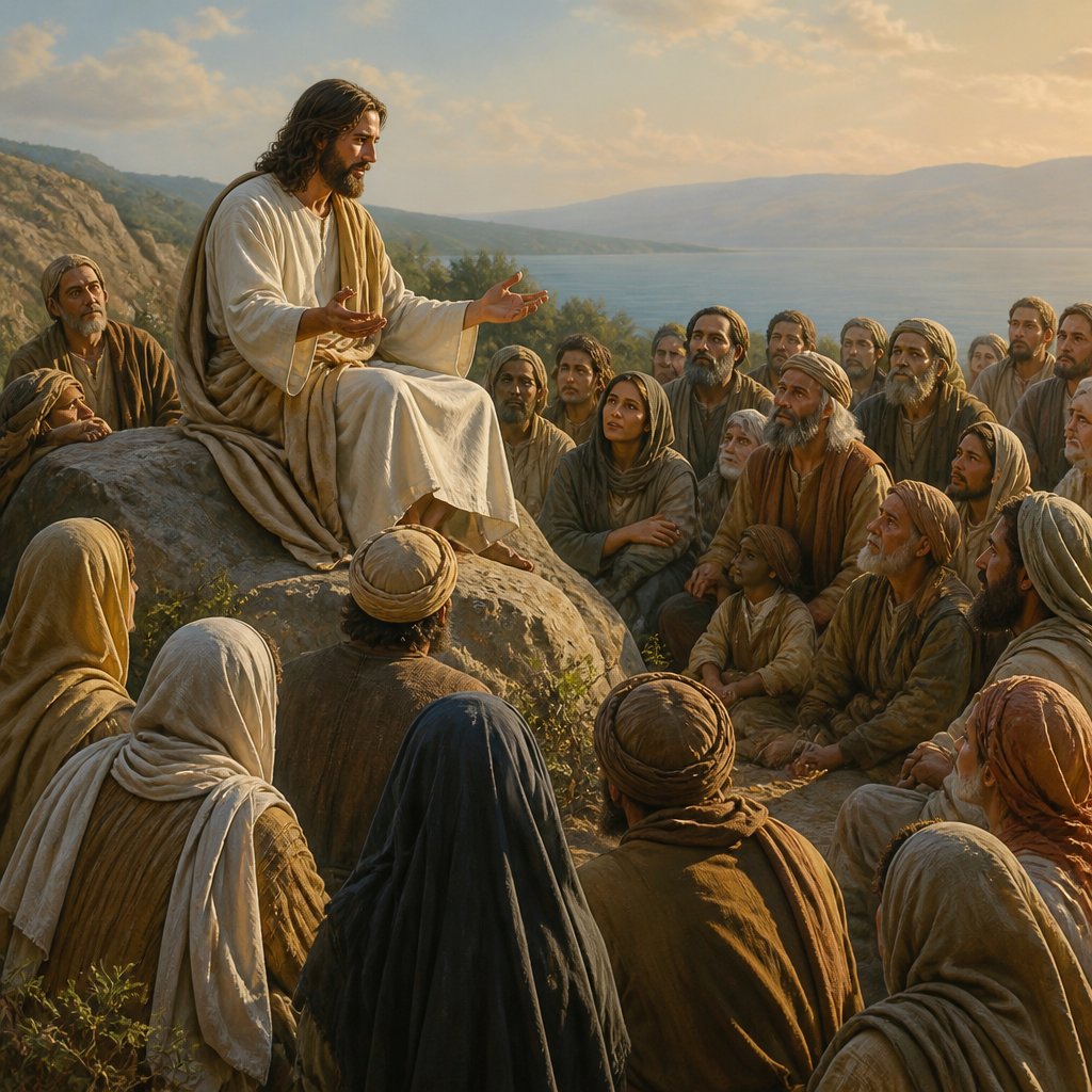 Jesus preaching to the masses about what they do for the least of them they do for Jesus Matthew 25:40