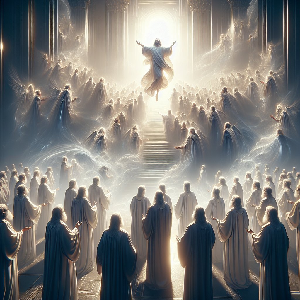 Acts 1:2 - "Until the day in which he was taken up, after that he through the Holy Ghost had given commandments unto the apostles whom he had chosen:"
Visualize Acts 1:2 - 'Until the day in which he was taken up, after that he through the Holy Ghost had given commandments unto the apostles whom he had chosen:' portrayed as digital art. Present an ethereal atmosphere where a divine figure instructs a group of chosen apostles. The atmosphere conveys an intense spiritual energy. The divine figure is ascending while delivering commandments through a representation of the Holy Ghost. The apostles reverently absorb the divine command and the scene is filled with awe and reverence, all this represented in a modern, digital style.