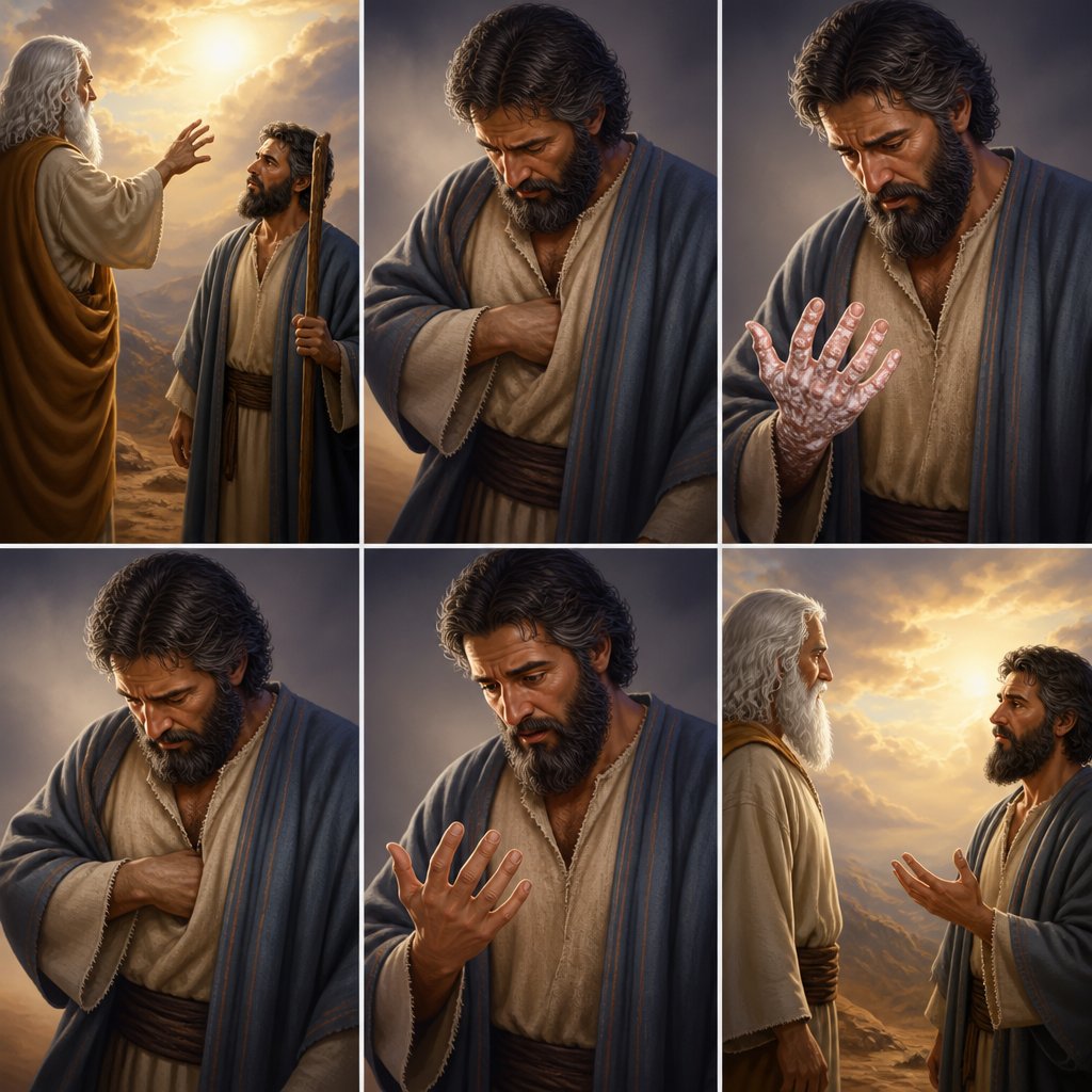 6 Furthermore the Lord said to him, “Now put your hand in your bosom.” And he put his hand in his bosom, and when he took it out, behold, his hand was leprous, like snow. 7 And He said, “Put your hand in your bosom again.” So he put his hand in his bosom again, and drew it out of his bosom, and behold, it was restored like his other flesh