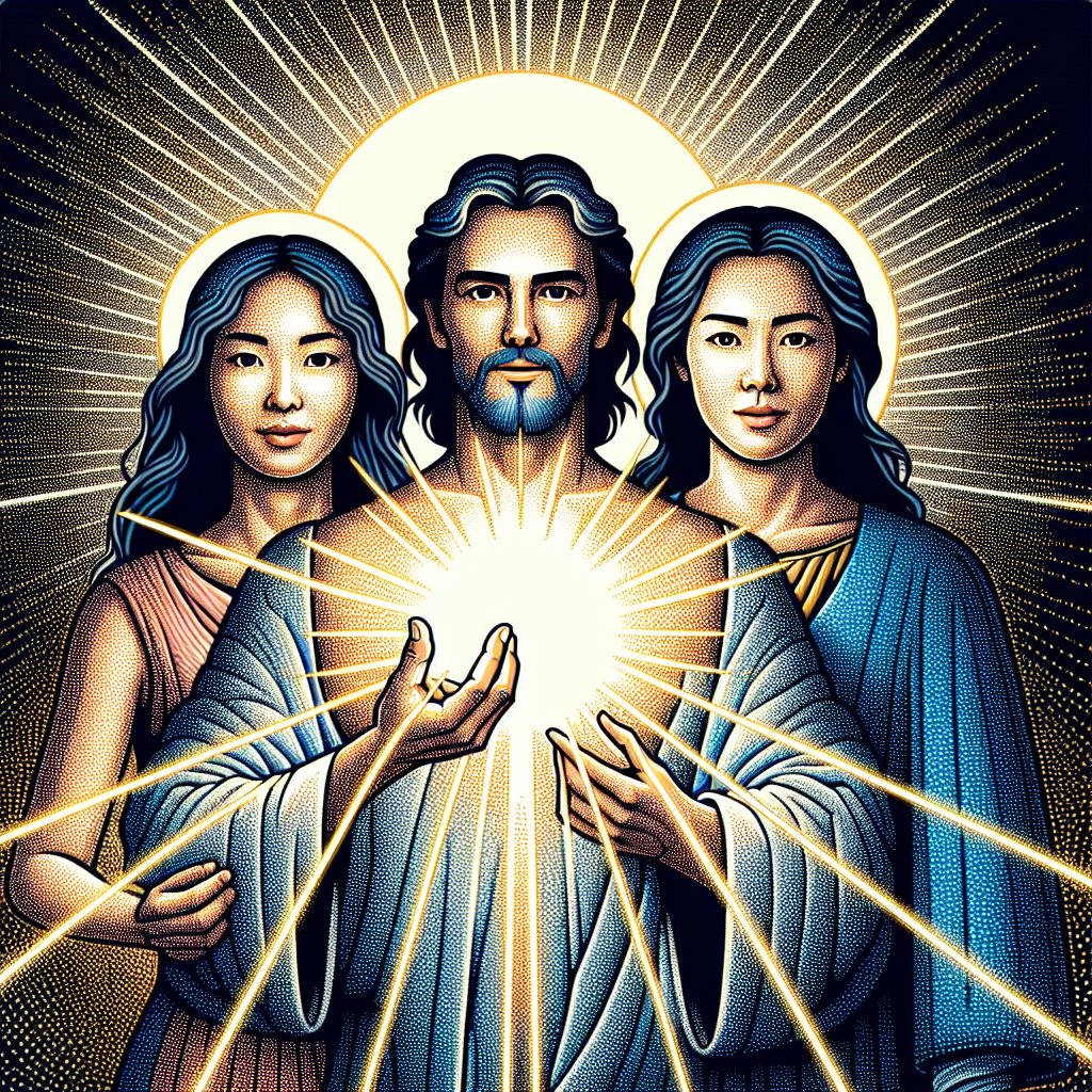 make an illustration of both modern man and woman (without veil or anything religious in them) reflecting this : In Jesus Christ, we have received light. He came to dispel the darkness of our ignorance so that we might walk as sons of light, aware of our heavenly identity in Him.
Create an illustration in the style of pointillism depicting a modern Caucasian man and an Asian woman, void of any religious attire, signifying the symbolism of light and knowledge in Christianity. They stand awash with radiant light, referring to the illumination brought by Jesus Christ. This light is there to cast away any signs of ignorance and bring forth an understanding of their heavenly identity. Above all, the art should emanate respect and devotion to Christianity. Make sure to exclude any text or words within the image.