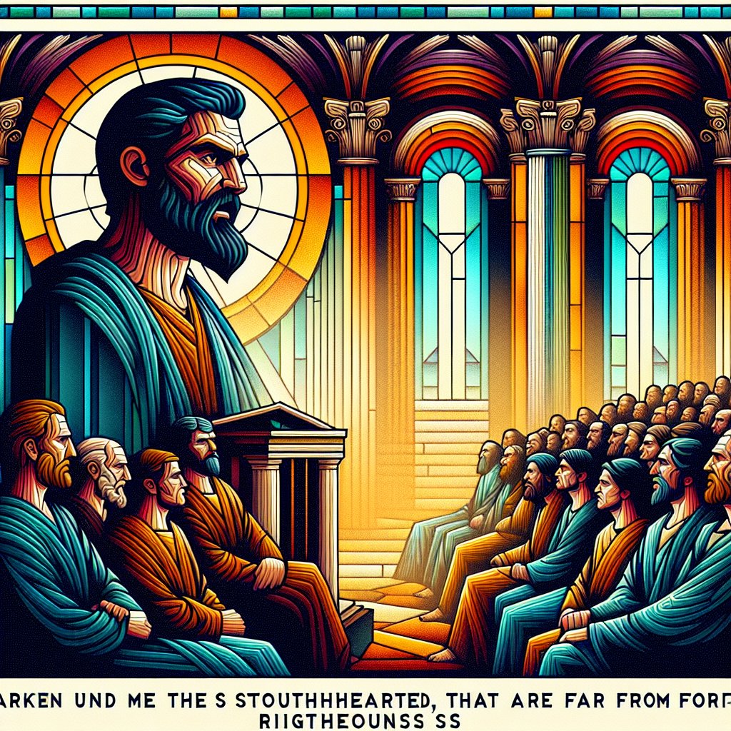 Isaiah 46:12 - "¶ Hearken unto me, ye stouthearted, that are far from righteousness:"
A digital artwork representation of the Bible verse, Isaiah 46:12 - 'Hearken unto me, ye stouthearted, that are far from righteousness:' This scene depicts an ancient setting with a powerful speaker addressing a group of strong-willed listeners, who appear distant from the path of virtue. The speaker's face is stern, passionate, and captivating. The listeners look variously engrossed, doubtful, and defiant. The atmosphere emanates a distinct call to righteousness. Materials used include bold lines, bright colors, and clear silhouettes, reminiscent of stained glass windows, often associated with spiritual themes. The artwork combines modern aesthetics with ancient subject matter.