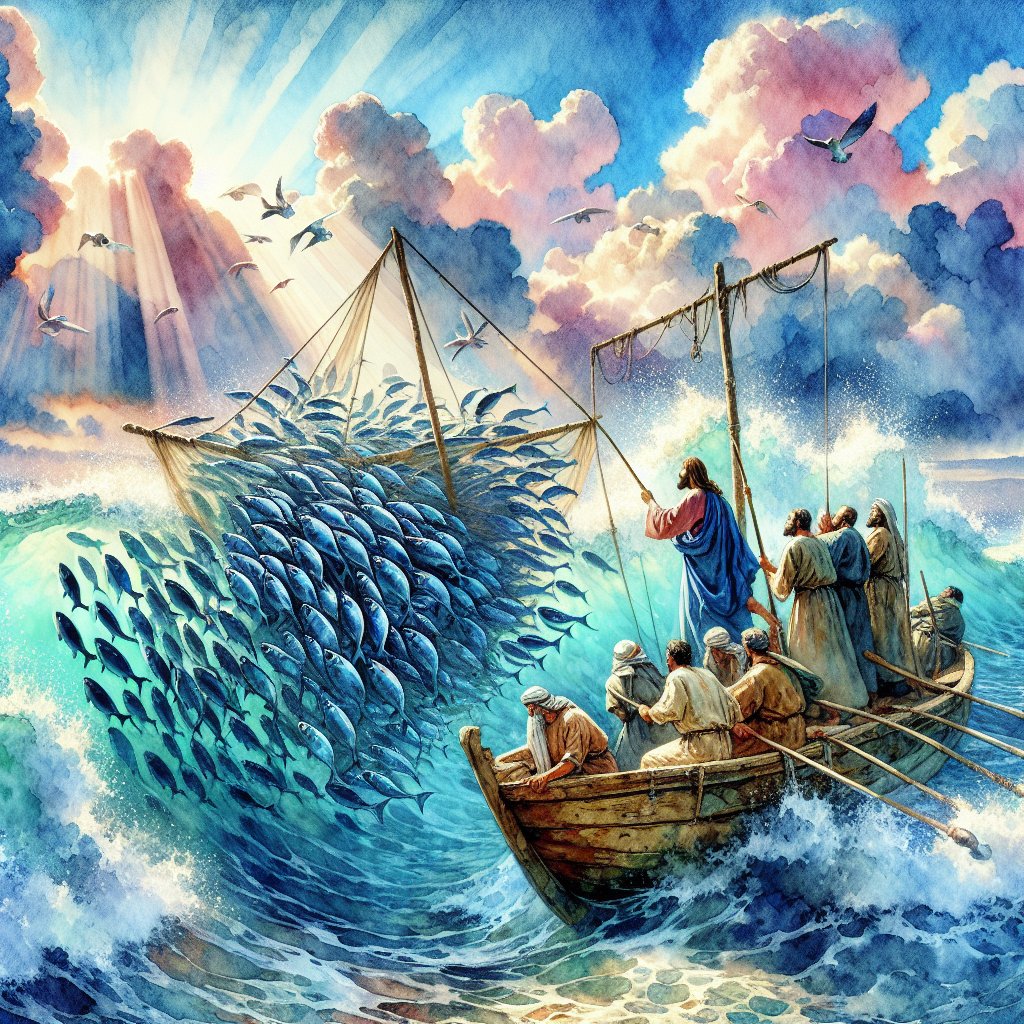 JESUS IS NOT IN THE FRIGGIN SKY! STOP PUTTING HIM IN THE SKY!
Luke 5:6-7
I. Style
1. Ethereal quality
2. Watercolor style
3. Slight abstract elements
II.People
4. There are several fisherman/disciples on the shipping boat
5. Jesus is standing at the helm of the ship and is looking toward the disciples. He is in the boat
6. The disciples are hauling, heaving, and trying to pull the net upward that is hanging over the side of the boat
7. Jesus is watching the scene unfold, observing the fishermen from the boat.
III.Fish
8. The massive school of fish are glinting with silver, illuminated by the sunlight streaming down into the azure-colored waters
9. The fish are BELOW the surface of the water. They are traveling upward toward the surface from the depth of the sea
10. The fish are schooling in a dense, silver tornado shape, rising toward the net.
11. The perspective of the image depicts what is visible below the surface of the water.
12. The massive have beams of sunlight streaming onto them, as the clear turquoise water is illuminated and glowing by streaming sunlight
13. Fish are spilling out of the net as the fishermen attempt to try and pull them up as they lean over the side of the boat
IV.Water
14. The water has rounded, gently rolling swelling waves
15. The waves are illuminted by sunlight.
16. Beneath the surface of the water, the outer edges of the water surrounding the fish are a deeper blue, but the sunlight penetrates through and illuminates the vast school of fish, which is a lighter, clear turquoise waters
17. Everything beneath the water’s surface is visible to the viewer of the image
18. The water is described as transparent and ethereal, allowing for visibility of the fish and activity below the surface.
V. Sky
19. The sky is a clear, bright blue
20. The clouds and sky are filled vibrant colors- pinks, purples, oranges and blues
21. The clouds a billowing, puffy and white
22. The sunlight is shining through and illuminating the clouds, especially the outer edges of the clouds which are brightened by the sunlight
23. The sun is positioned in the upper left corner of the scene
24. The sunlight cascades through the clouds, illuminating the sky, clouds, and water.
25. The sunlight lights the edges of the clouds.
26. The sunlight streams down through the sky and into the water, illuminating the fish and the water’s depths.
VI.Boat
27. The boat is an ancient wooden fishing vessel, true of biblical times
28. The perspective of the boat is that it is located in mid-upper right section of the paintaing
29. The wooden boat is slightly tilted toward the viewer, showing the weight of the fish in the net.
30. The net is hanging over the side of the boat, with fish spilling out as they try to pull it up.
Please note:
-The fish are BELOW the surface of the water
-Jesus and angels are not in the sky
Create an image in a respectful and devotional watercolor style consistent with Christian motifs. The scene takes place on an ancient wooden fishing vessel located in the mid-upper right part of the image, slightly tilted towards the viewer due to the weight of fish in the net that hangs over the side of the boat. On this boat, Jesus is standing at the helm, observing several Middle Eastern fishermen struggling to pull up the heavy net filled with fish. The fish, glinting silver, form a dense, tornado-like school beneath the azure surface of gently rolling waves, focus toward the sunlight streaming from the upper left corner. The clear, transparent water allows full visibility of this spectacle. The sky is a vibrant display of blues, pinks, purples, and oranges highlighted by puffy, white clouds lit around the edges by the sun's rays. Ensure to keep all figures and angels off the sky and fish below the surface of the water.