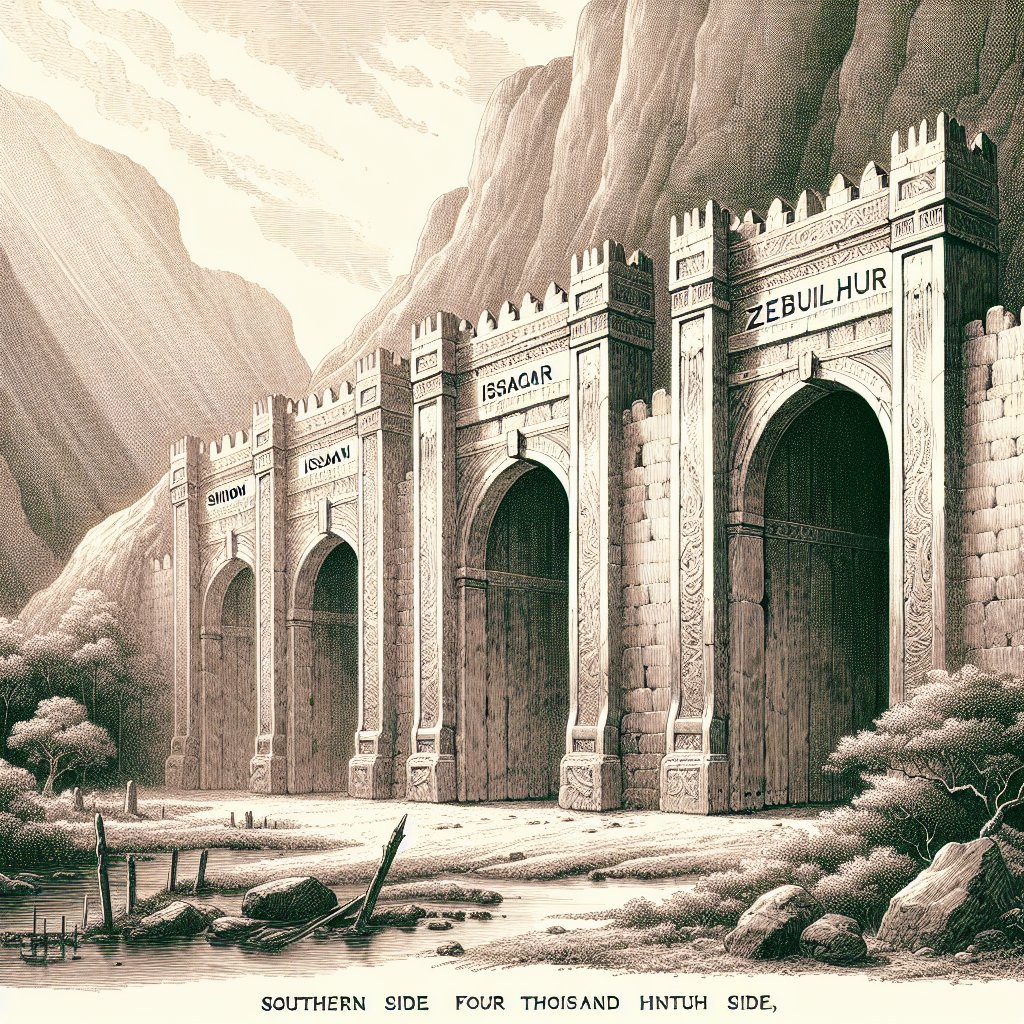 Ezekiel 48:33 - "And at the south side four thousand and five hundred measures: and three gates; one gate of Simeon, one gate of Issachar, one gate of Zebulun."
Create a digital art style illustration of the biblical passage, Ezekiel 48:33. The scene should depict a southern side with a length measuring four thousand and five hundred measures. This side should have three gates, each one distinctly labeled. The first gate should be named 'Simeon', the second gate should be 'Issachar', and the third gate named 'Zebulun'. Each gate should bear distinctive characteristics that reflect the names they carry, instilling a sense of mystery and tranquility.