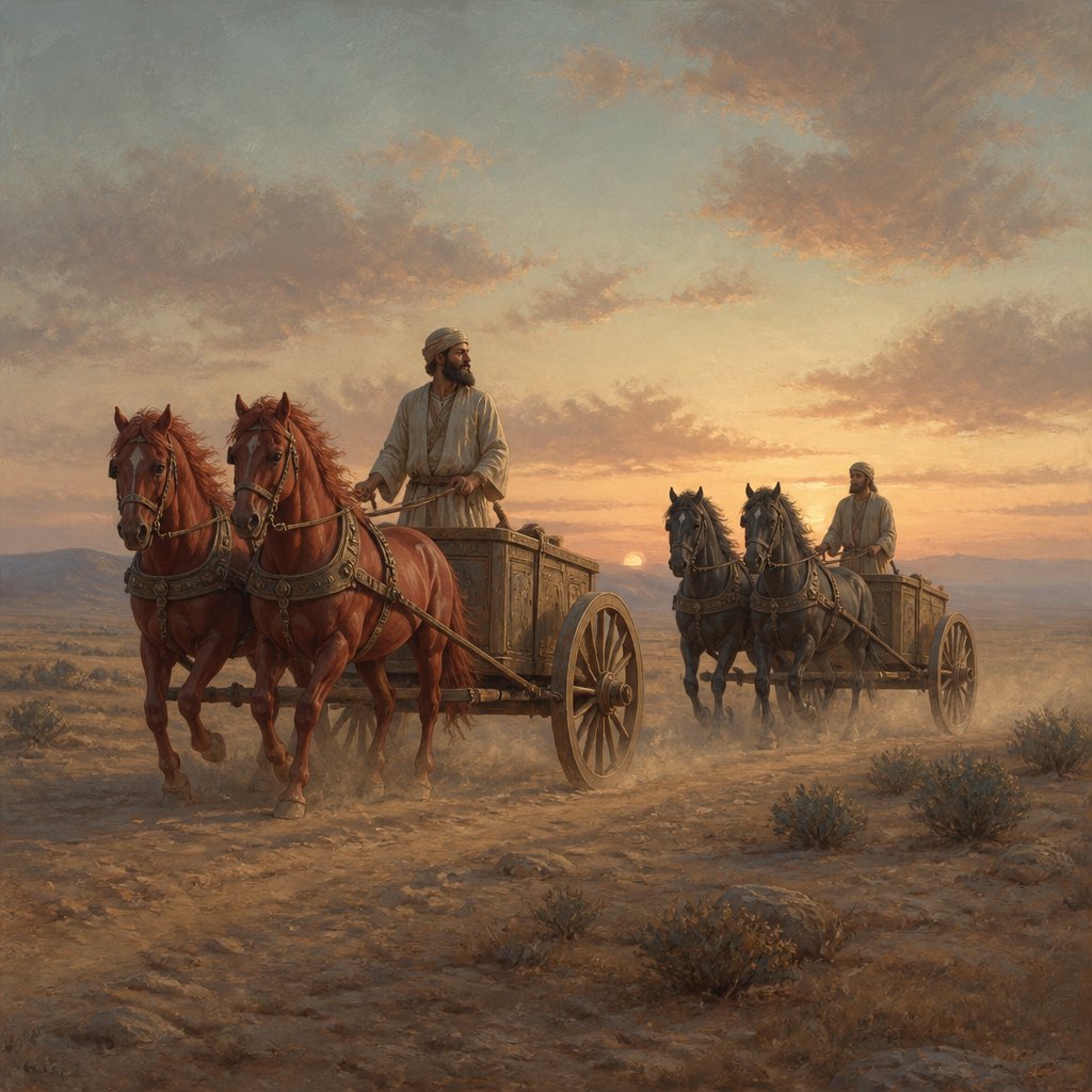 "In the first chariot were red horses; and in the second chariot black horses;" - Zechariah 6:2