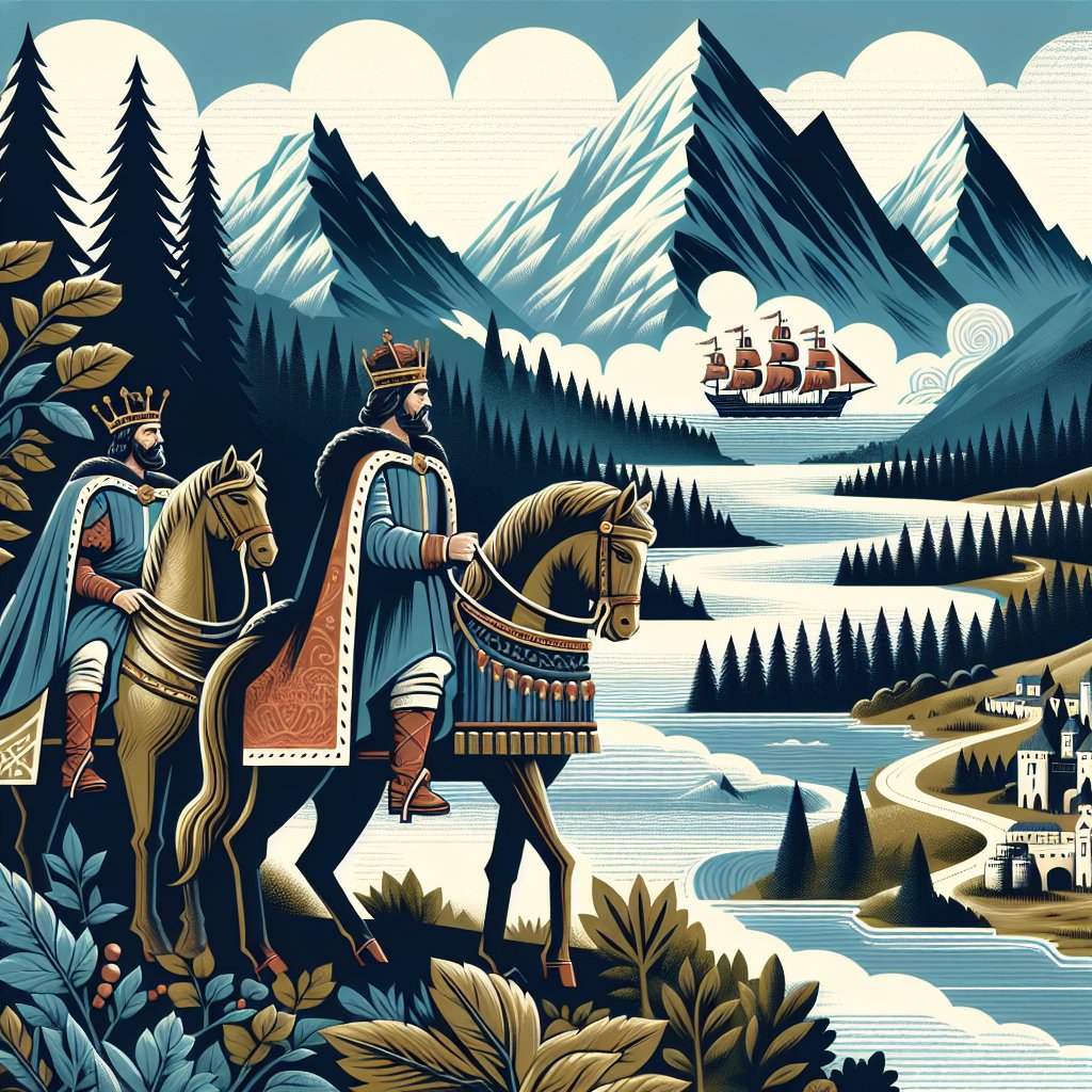 Luke 19:12 - "He said therefore, A certain nobleman went into a far country to receive for himself a kingdom, and to return."
An illustration depicting a story from Luke 19:12. It features a nobleman, dressed in refined attire, embarking on a lengthy journey to a distant country, pulsed by the intent of acquiring a kingdom and then returning back to his homeland. His journey is depicted by traversing varied terrains such as dense forests, towering mountains, and vast seas. All this is rendered in a modern, digital art style.
