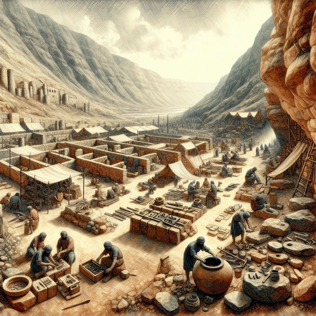 Nehemiah 11:35 - "Lod, and Ono, the valley of craftsmen."
Generate an artistic representation of the biblical scene from Nehemiah 11:35 - 'Lod, and Ono, the valley of craftsmen.' This scene depicts Lod and Ono, identified as places filled with workshops and craftsmen at work. The valley scene is characterized by the texture of hewn stones, and tools scattered around, with figures diligently involved in their craft. To visualize this in a medium akin to digital art, imagine the scene created with a contemporary crispness, vivid colors, and digital precision.