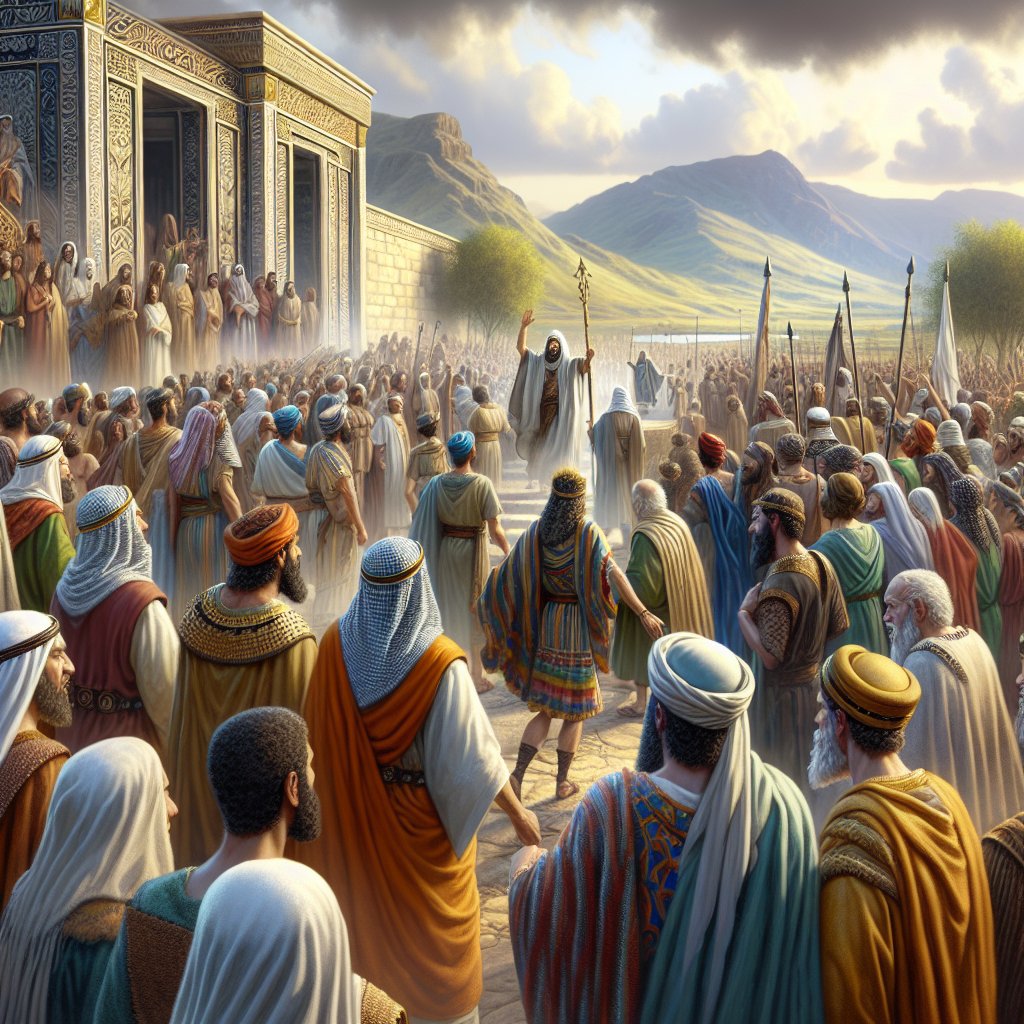 2 Chronicles 10:12 - "So Jeroboam and all the people came to Rehoboam on the third day, as the king bade, saying, Come again to me on the third day."
A Biblical scene inspired by 2 Chronicles 10:12. Picture this: Jeroboam and a crowd of diverse people, including men and women of different descents such as Caucasian, Black, and Middle-Eastern, approaching Rehoboam. This event occurs on the third day, as proclaimed by the visibly emboldened ruler. The implication of coming again on the third day fills the scene with anticipation. The artscape should be presented in a digital art style showcasing the historical event in vivid detail and evocative color. Let's try to avoid modern aesthetic since this is a historical context.