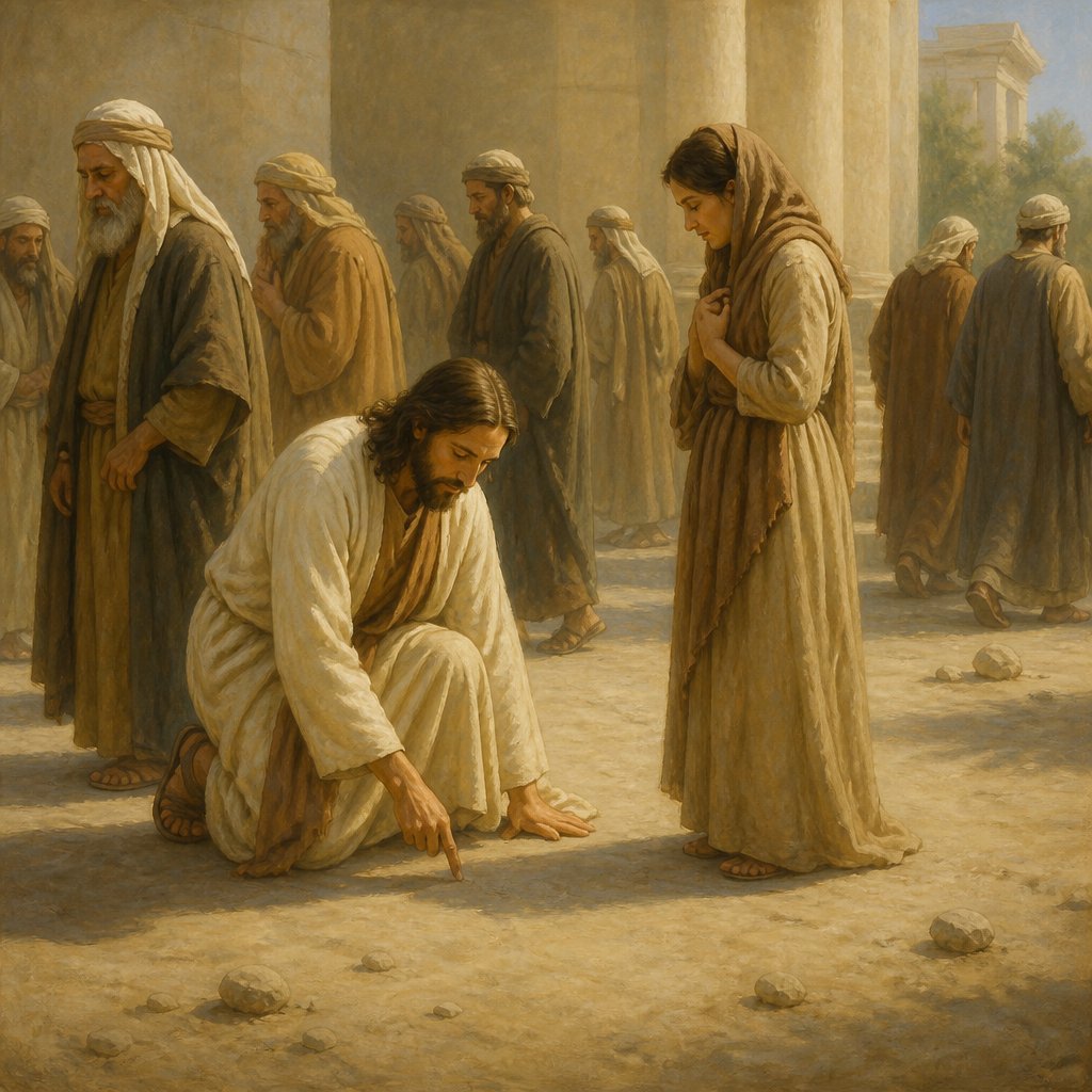 "And the scribes and Pharisees brought unto him a woman taken in adultery; and when they had set her in the midst,
They say unto him, Master, this woman was taken in adultery, in the very act.
Now Moses in the law commanded us, that such should be stoned: but what sayest thou?
This they said, tempting him, that they might have to accuse him. But Jesus stooped down, and with his finger wrote on the ground,.
So when they continued asking him, he lifted up himself, and said unto them, He that is without sin among you, let him first cast a stone at her.
And again he stooped down, and wrote on the ground.
And they which heard it, being convicted by their own conscience, went out one by one, beginning at the eldest, even unto the last: and Jesus was left alone, and the woman standing in the midst.
When Jesus had lifted up himself, and saw none but the woman, he said unto her, Woman, where are those thine accusers? hath no man condemned thee?
She said, No man, Lord. And Jesus said unto her, Neither do I condemn thee: go, and sin no more." - John 8:3-11