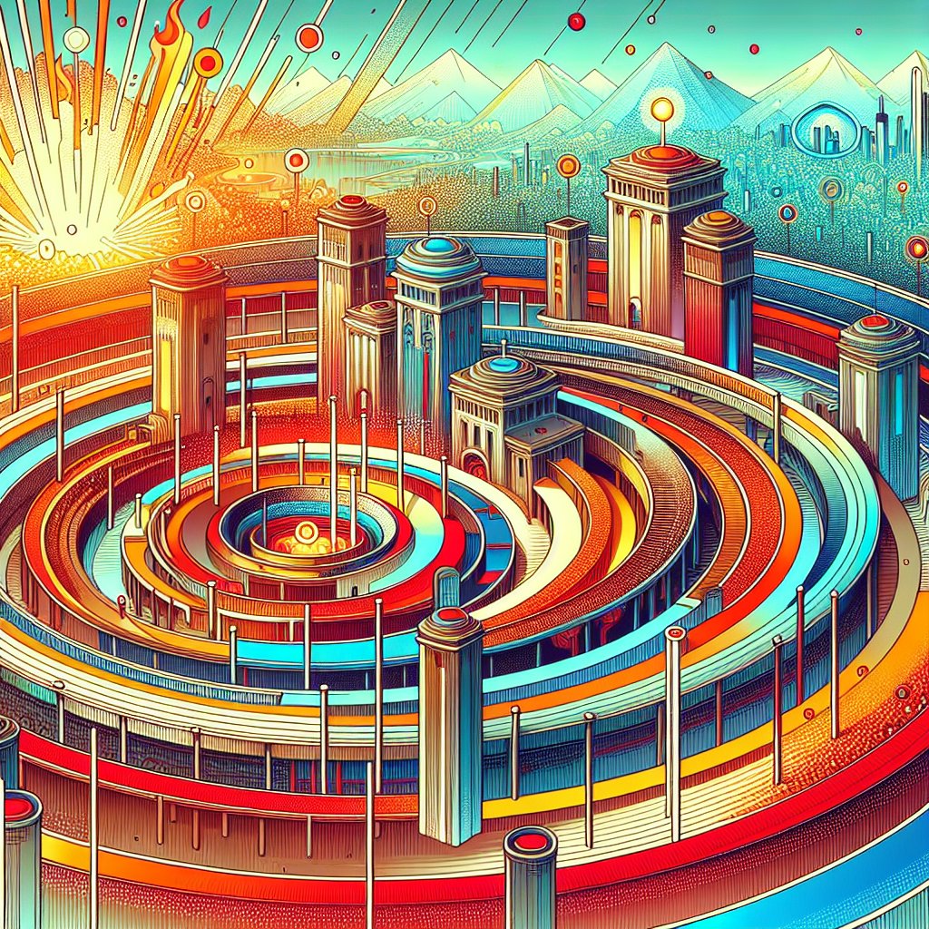 Ezekiel 46:23 - "And there was a row of building round about in them, round about them four, and it was made with boiling places under the rows round about."
A vivid visual representation of the biblical verse from Ezekiel 46:23. Depict a line of structures encircling all around, four of such circles are to be depicted. These buildings are designed with boiling places located beneath them. Add in stylistic details found in the digital art medium such as vibrant colors, crisp lines, and a sense of depth and perspective.