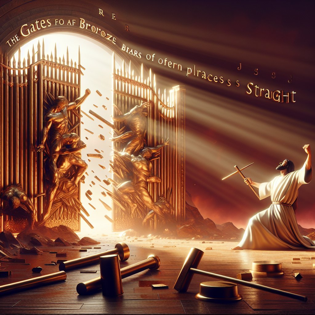 Isaiah 45:2 'I will go before you And make the crooked places straight; I will break in pieces the gates of bronze And cut the bars of iron.
A devotional and respectful scene inspired by Isaiah 45:2, where an unseen force before a person is making crooked places straight. It also shows the gates of bronze being broken into pieces and bars of iron being cut. The overall scene conveys a powerful, spiritual message with symbolic Christian elements. Render this image in the medium of digital art, without using any text or words.