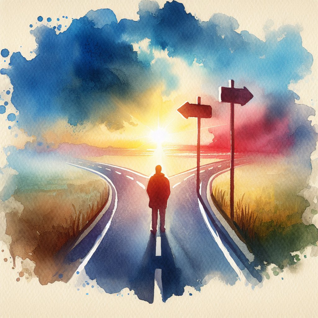 James 4:17 “If anyone, then, knows the good they ought to do and doesn’t do it, it is sin for them.”
Imagine a symbolic representation of the Biblical verse James 4:17, which expresses the concept of knowing the right thing to do but choosing not to do it, represented in a watercolor style. The scene could include a person facing a fork in the road, symbolizing a moral decision, with one path brightly lit and the other shadowed. No text or words are to be included in this watercolor painting.