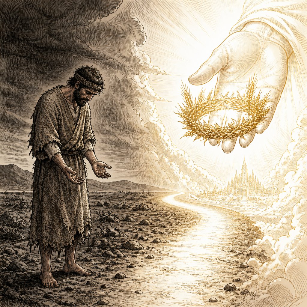 cinematic, emotionally powerful split-scene illustration of biblical themes. On the left side, a weary biblical sower in rough burlap robes stands in a dark, barren desert field, looking down at his empty hands in exhaustion, symbolizing a feeling of useless labor. On the right side, the scene shifts into a brilliant, ethereal light where a massive, glowing, divine hand—the Hand of God—reaches down from heaven, holding a golden harvest crown. A wide, luminous path connects the tired sower to the divine light, showing a transition from human weakness to heavenly reward. The overall mood is solemn yet deeply hopeful, with dramatic lighting