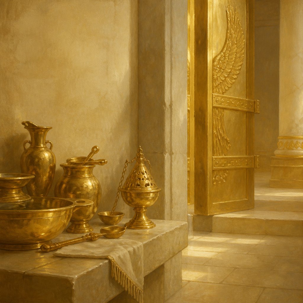 "And the bowls, and the snuffers, and the basons, and the spoons, and the censers of pure gold; and the hinges of gold, both for the doors of the inner house, the most holy place, and for the doors of the house, to wit, of the temple." - 1 Kings 7:50